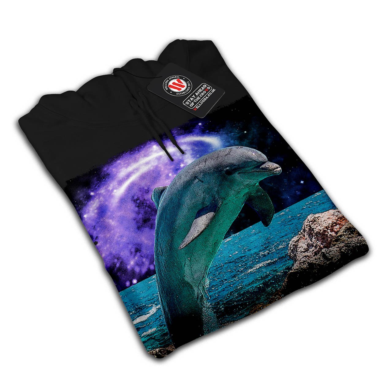 Wellcoda Men's Ocean Rock Dolphin Hoodie - Cosmic Print Pullover Sweatshirt for Casual Wear, Street Style & Outdoor Activities