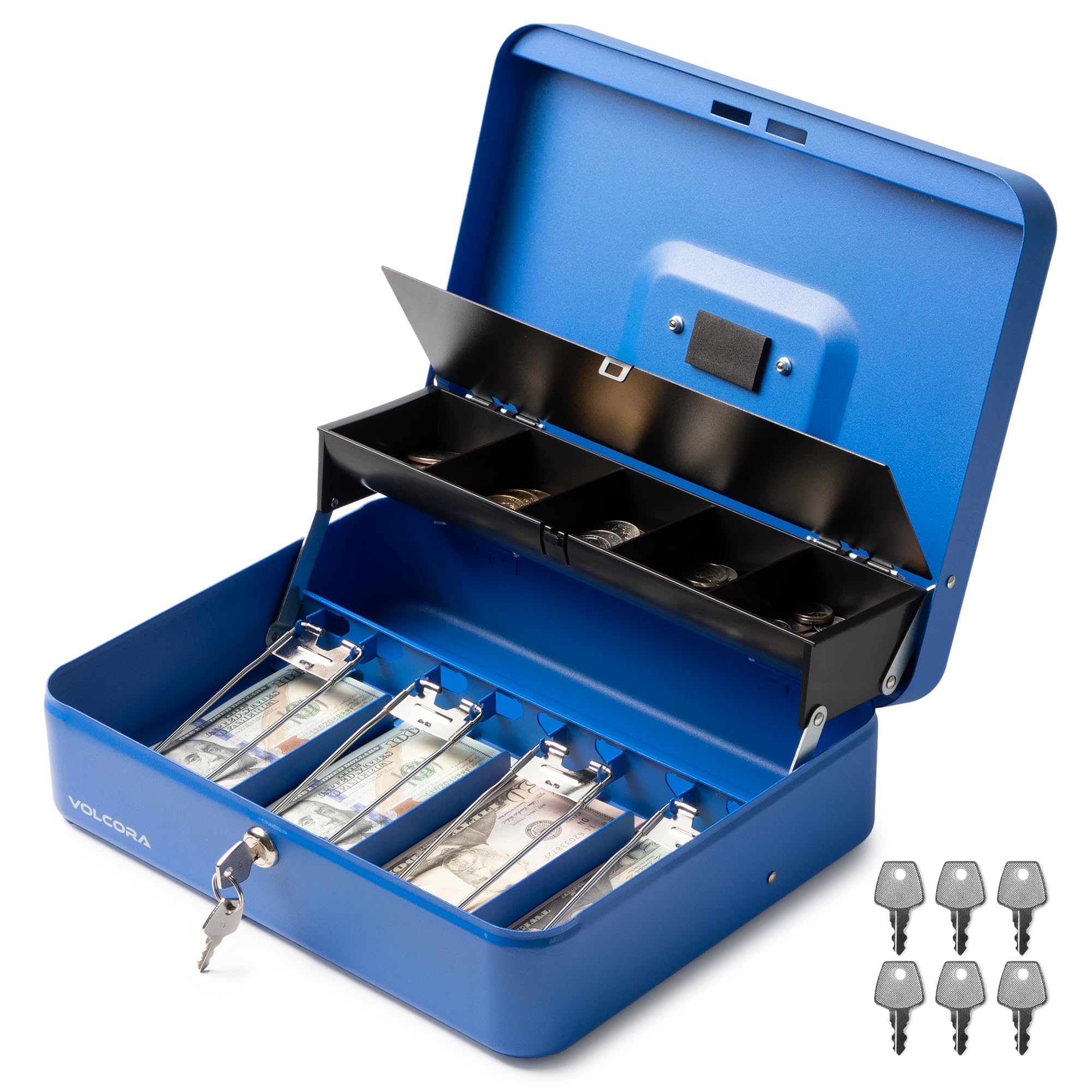 Volcora Large Cash Box with Key Lock - Heavy Duty Metal Money Box for Cash Storage, Portable Locking Safe Box with Money Tray | Perfect for Yard Sales, Garage Sales, Small Businesses & Home Office Use | Durable Money Organizer in Blue