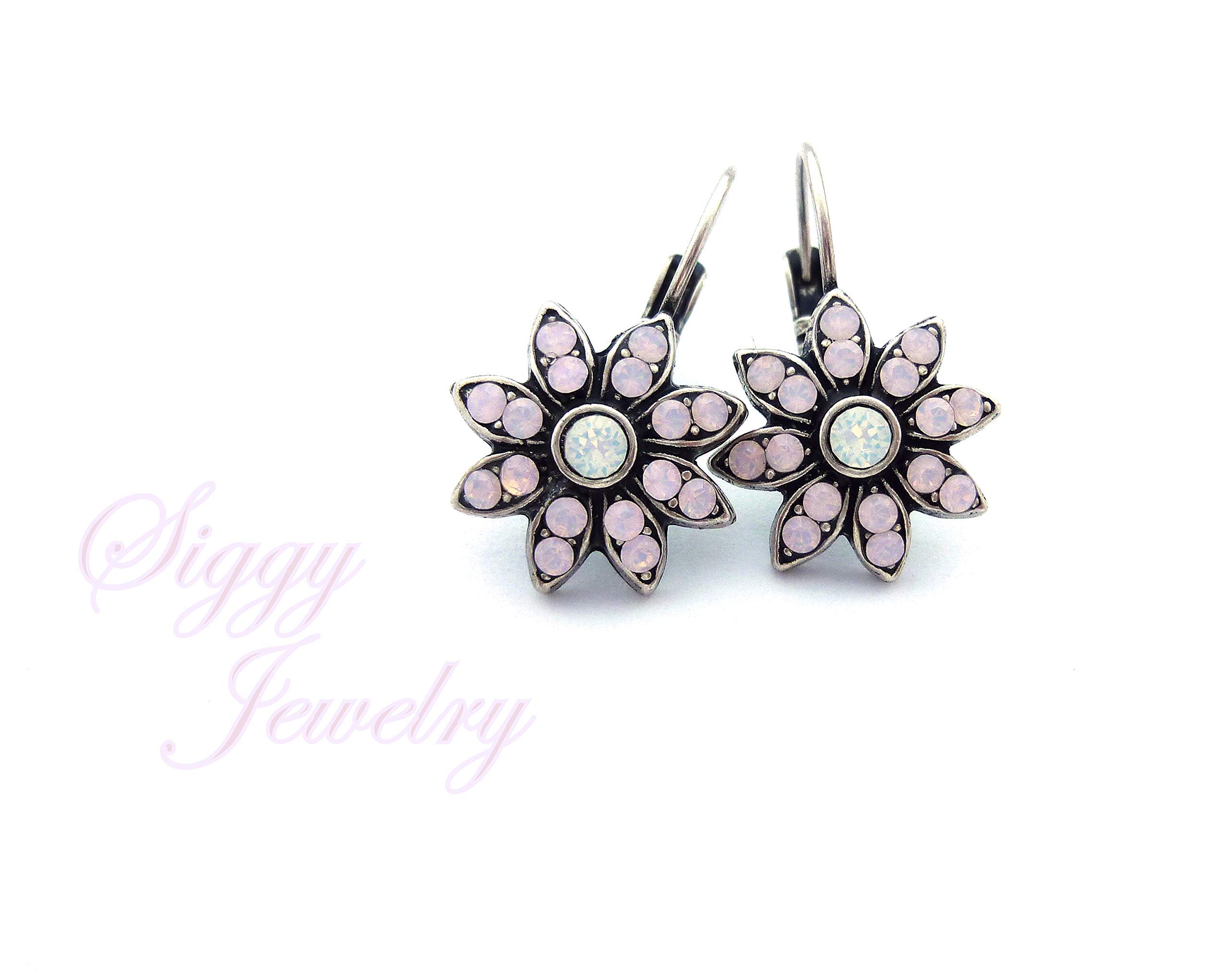 Genuine Austrian Crystal Flower Cluster Earrings - Rose Water Opal & White Opal Snowflake Design, Lever Back Rose Gold Finish | Elegant Jewelry for Weddings, Parties & Special Occasions