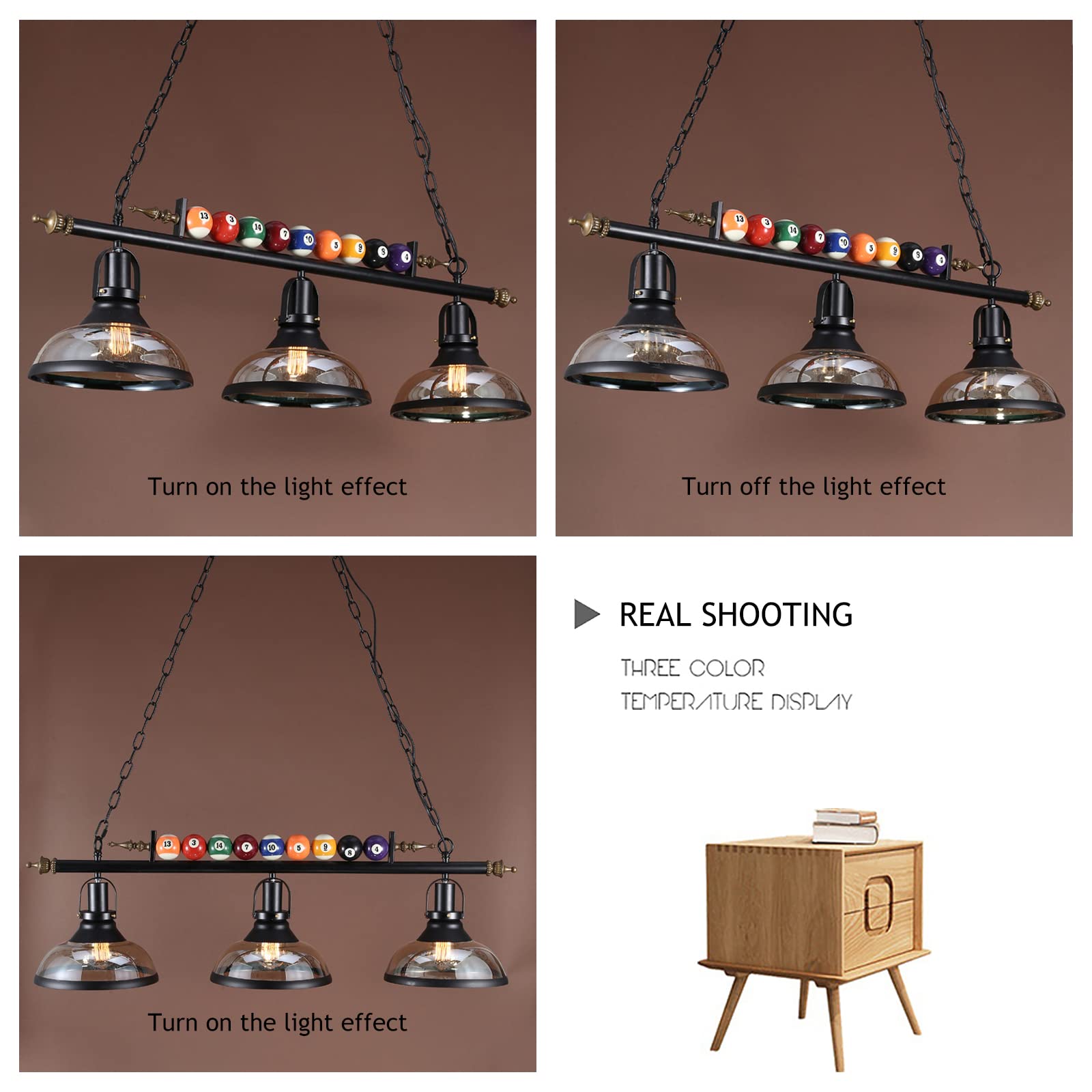 Pool Table Lights & Billiard Lighting - Farmhouse Chandelier with 3 Head Industrial Iron Fixture, Glass Lampshade for Kitchen, Bar & Game Room Decor | Perfect for Billiards, Pubs and Home Entertainment Spaces