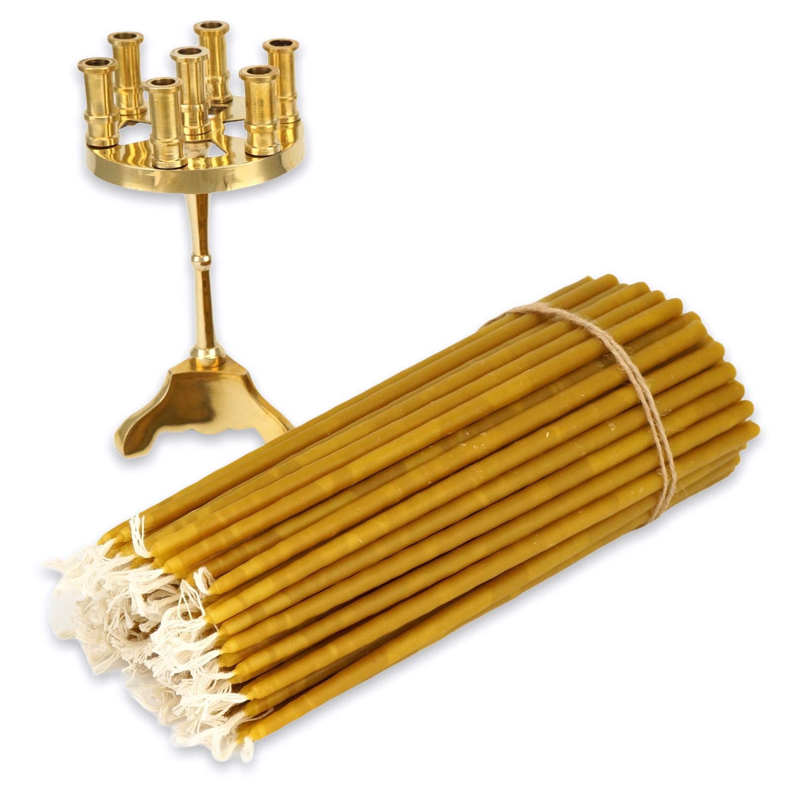 Traditional Orthodox Candelabra - 7 Candle Brass Holder for Thin Taper Candles with 100 Pure Beeswax Candles | Religious Decor for Prayer Corner, Home Altar & Church | Perfect for Orthodox Christian Worship, Meditation & Spiritual Rituals
