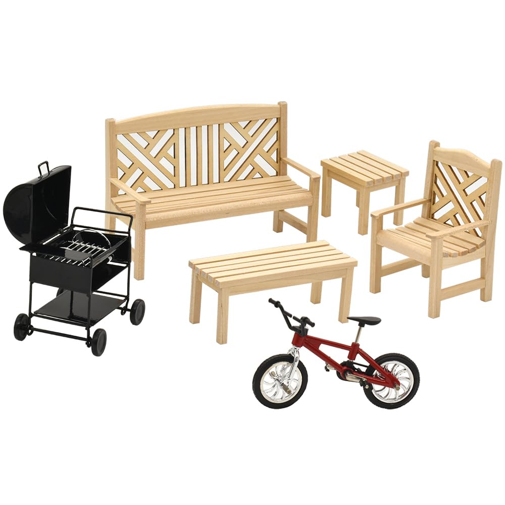 1:12 Scale iLAND Modern Dollhouse Furniture Set - 6pcs Miniature Patio Tables, Garden Chairs, BBQ Grill & Bike Accessories for Doll House Decor | Perfect for Dollhouse Scenes, Miniature Displays & Collectors