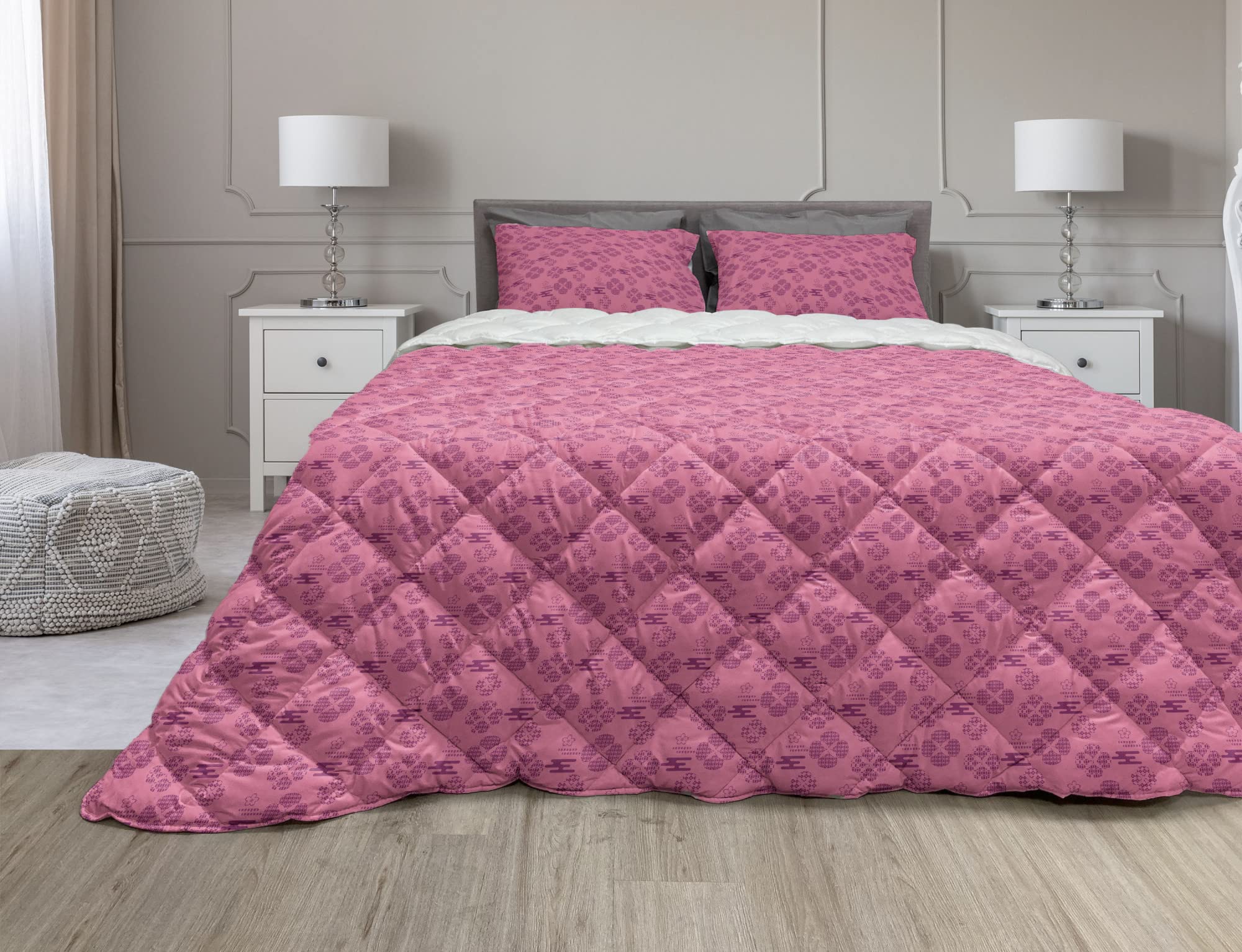 Ambesonne Ethnic Comforter & Sham Bedding Set - Japanese Abstract Floral Wave Design, Twin XL, Dark Magenta & Pastel Pink - Soft Microfiber Duvet Cover for Cozy Bedroom Decor, Perfect for Modern Boho & Asian-Inspired Home Styling
