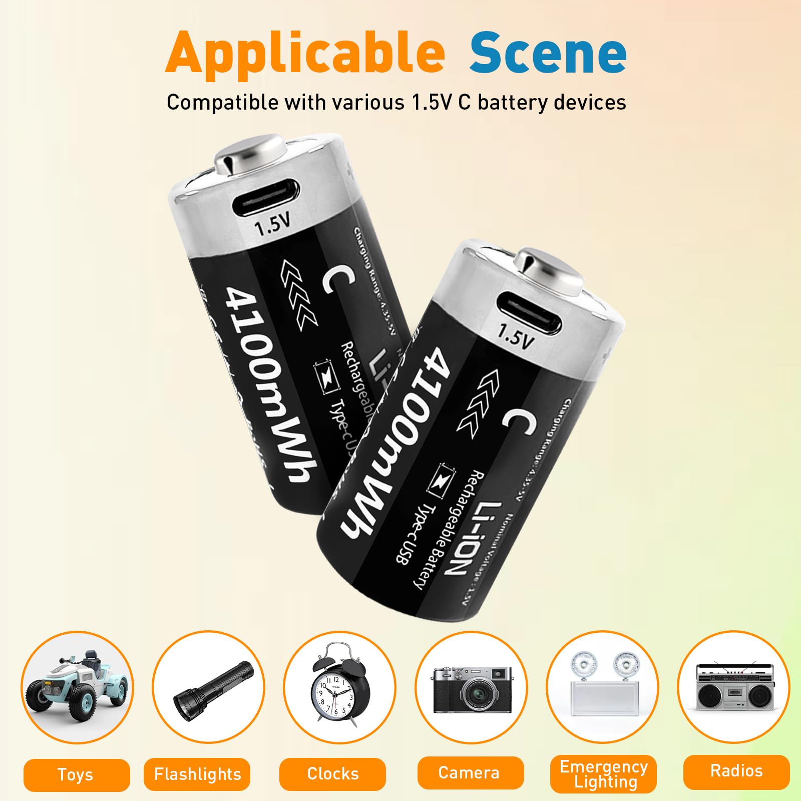 Rechargeable 1.5V Lithium C Batteries with USB-C Cable - 4100mWh C Size Li-ion Batteries (4 Pack) for Flashlights, Lanterns, Camping Gear & Emergency Power Supply