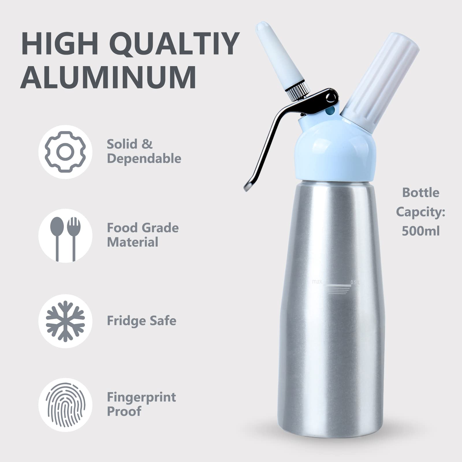 Premium Aluminum Whipped Cream Dispenser - 500ml (1 Pint) Professional Cream Charger with 3 Decorating Nozzles & Cleaning Brush - Ideal for Home Baking, Coffee Shops & Dessert Decorating