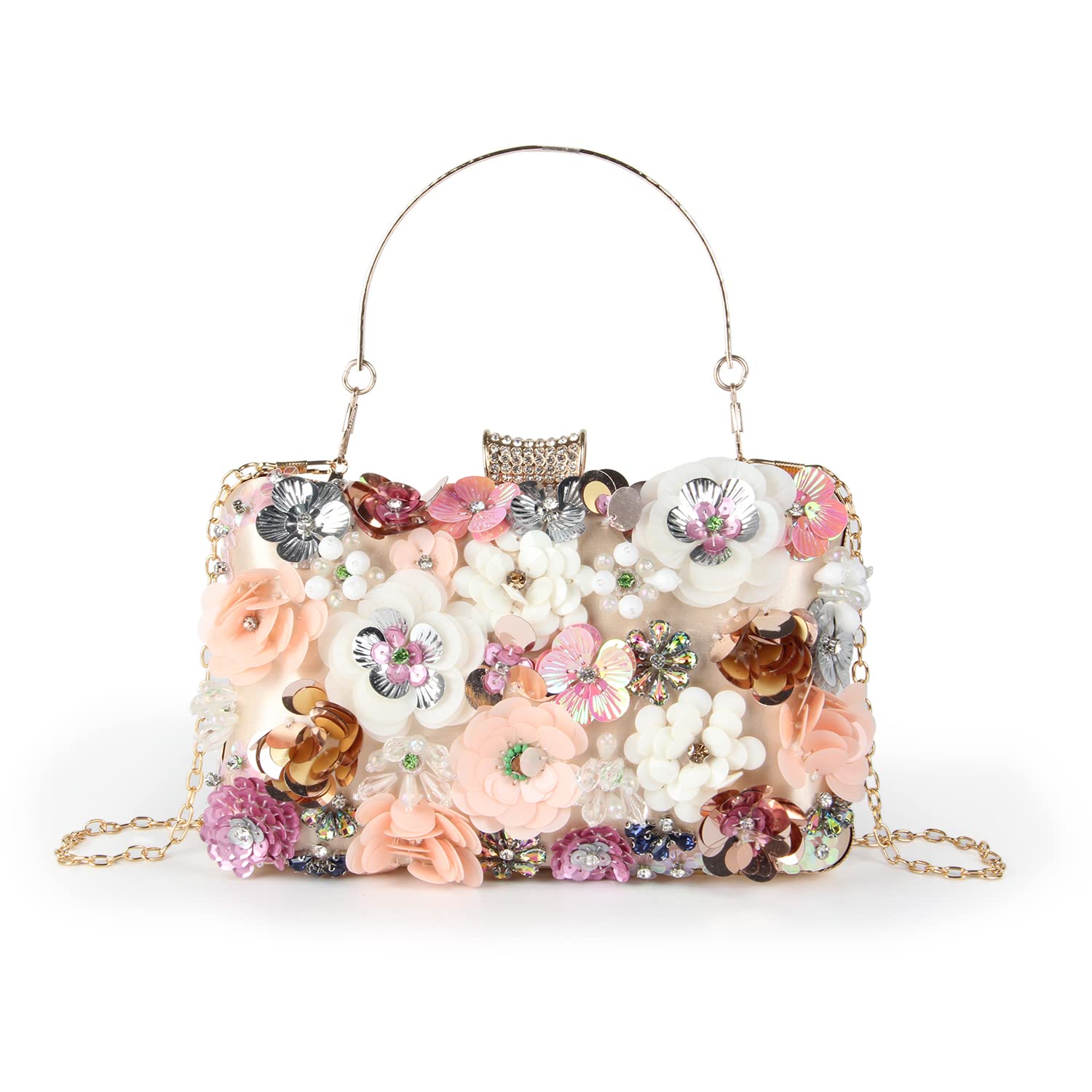 Elegant Floral Beaded Evening Clutch Bag for Women - Wedding Party Bride Shoulder Handbag Purse - Perfect for Formal Events, Dinners & Special Occasions