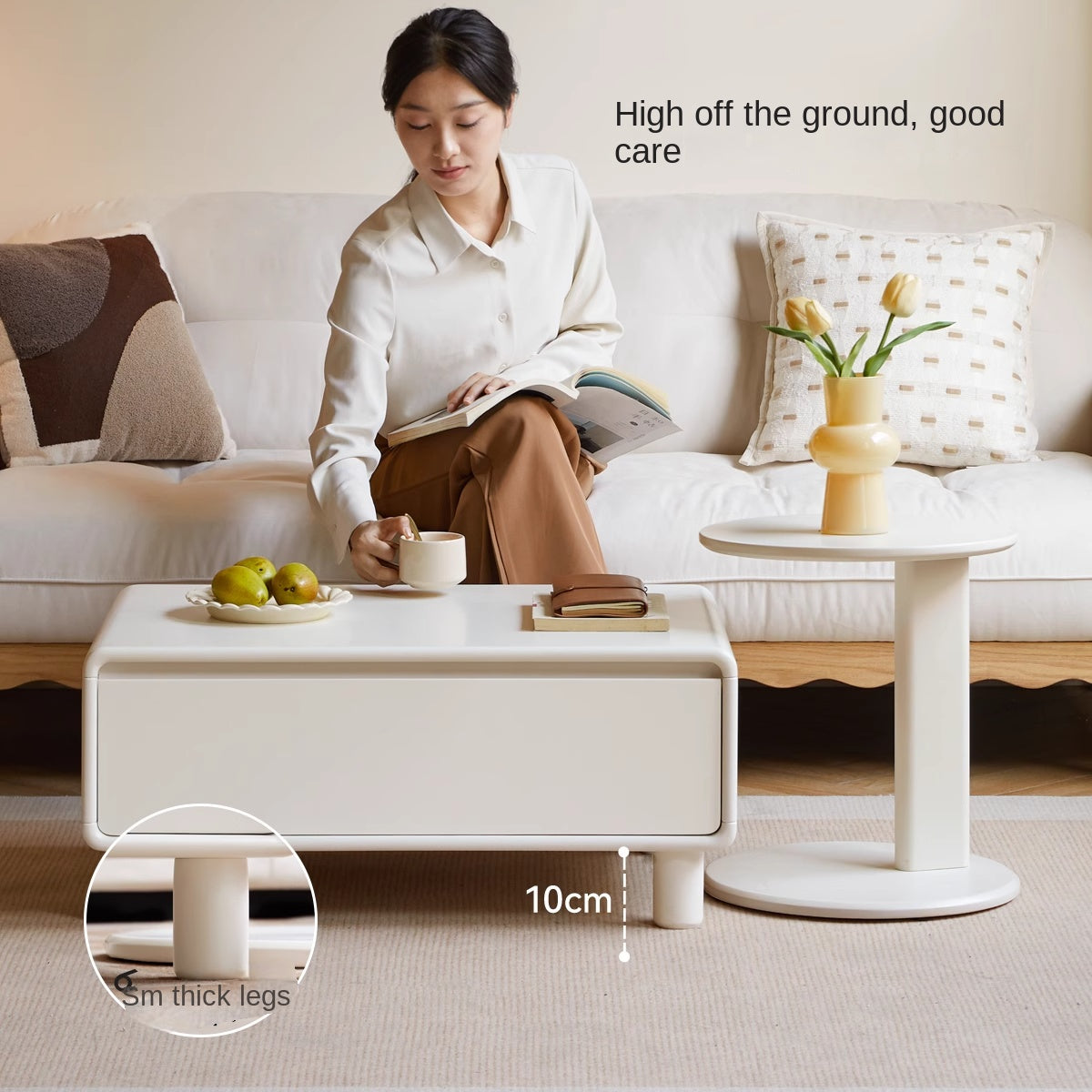 Modern Oak Solid Wood Coffee Table - Cream Finish, Minimalist Design for Living Room, Lounge, or Office - Durable & Stylish Home Decor