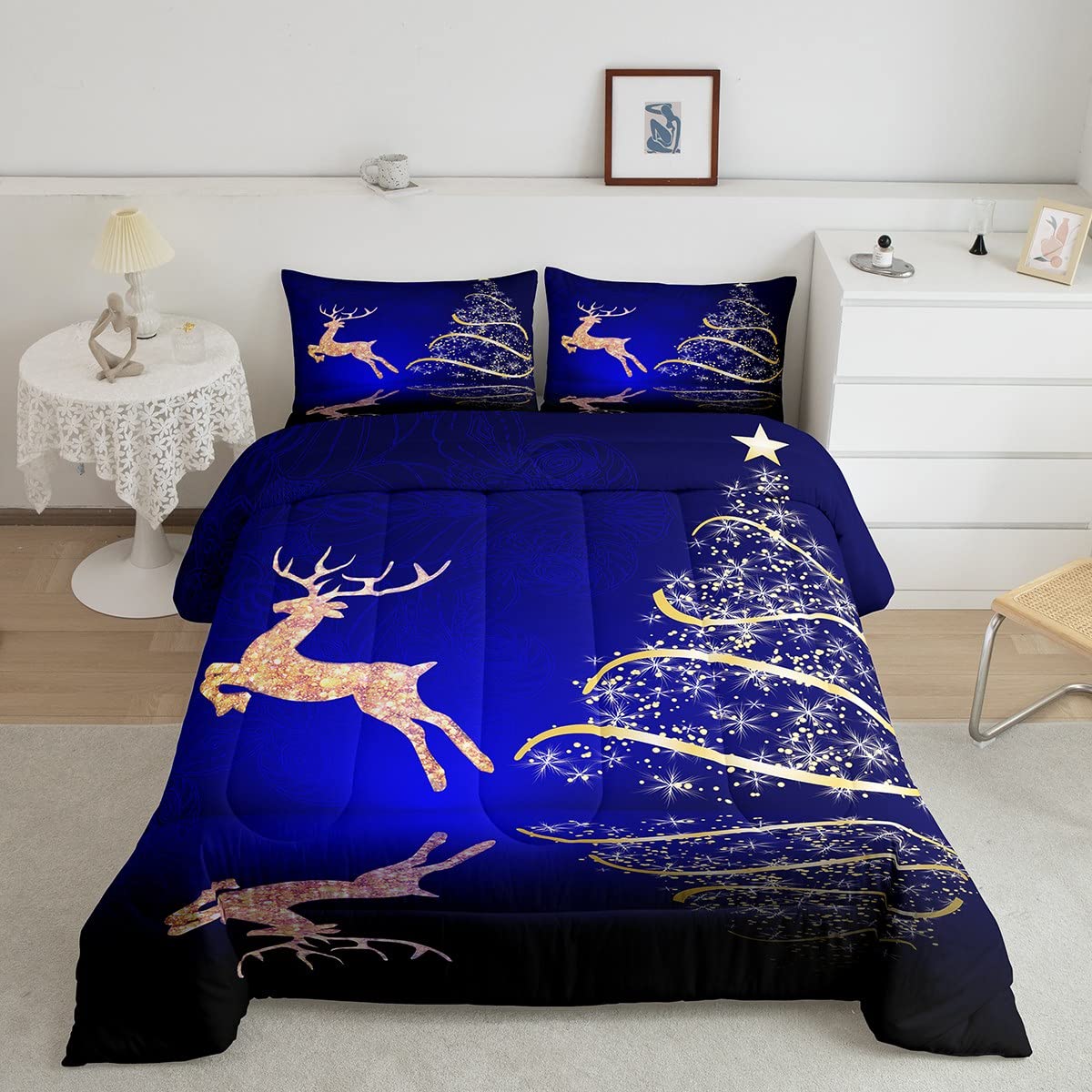 Golden Deer Glitter Christmas Tree Comforter Set - Queen Size Holiday Bedding for Kids & Adults | Lightweight Warm Soft Comforter with 2 Pillowcases | Perfect for Christmas Decor, Winter Bedroom & Cozy Seasonal Home Styling