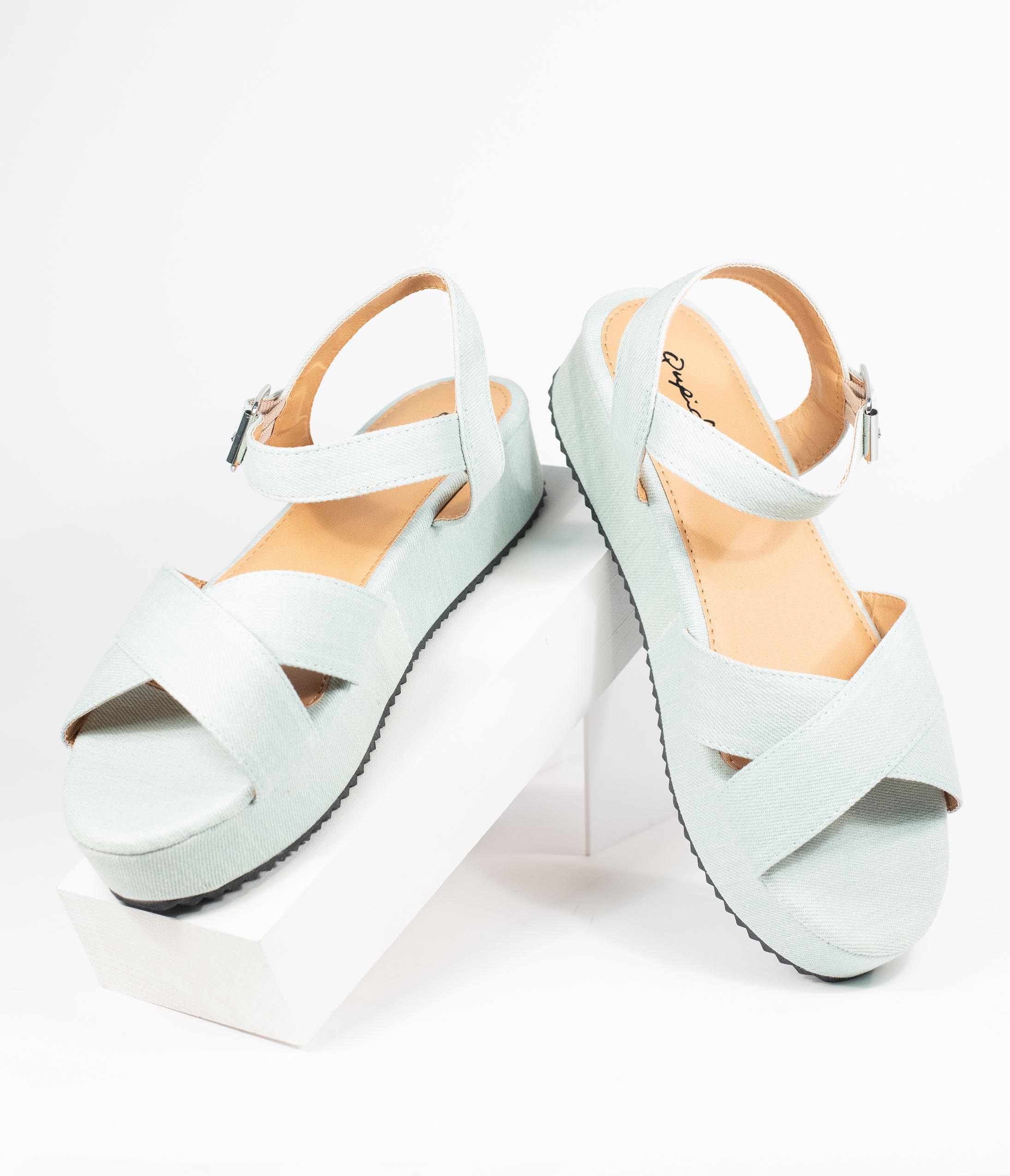 Pale Blue Denim Cross Strap Platform Keliko Sandals for Women - Comfortable Summer Beach Wedge Shoes | Perfect for Casual Outings, Vacations and Boho Fashion Styles