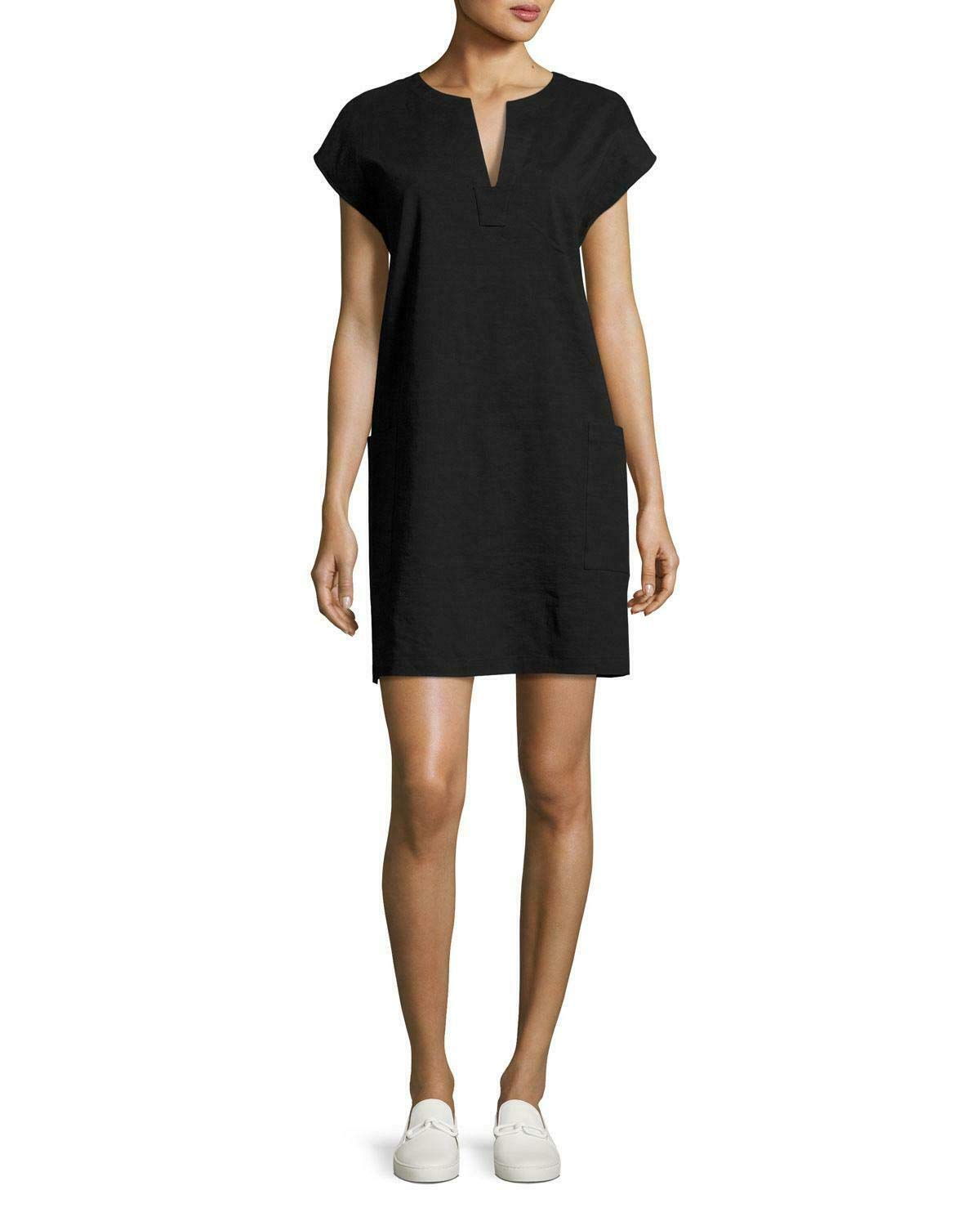 Theory Women's Linen Blend Slit Front Shift Dress - Black, Size Large | Casual Summer Office Wear & Beach Cover Up Dress