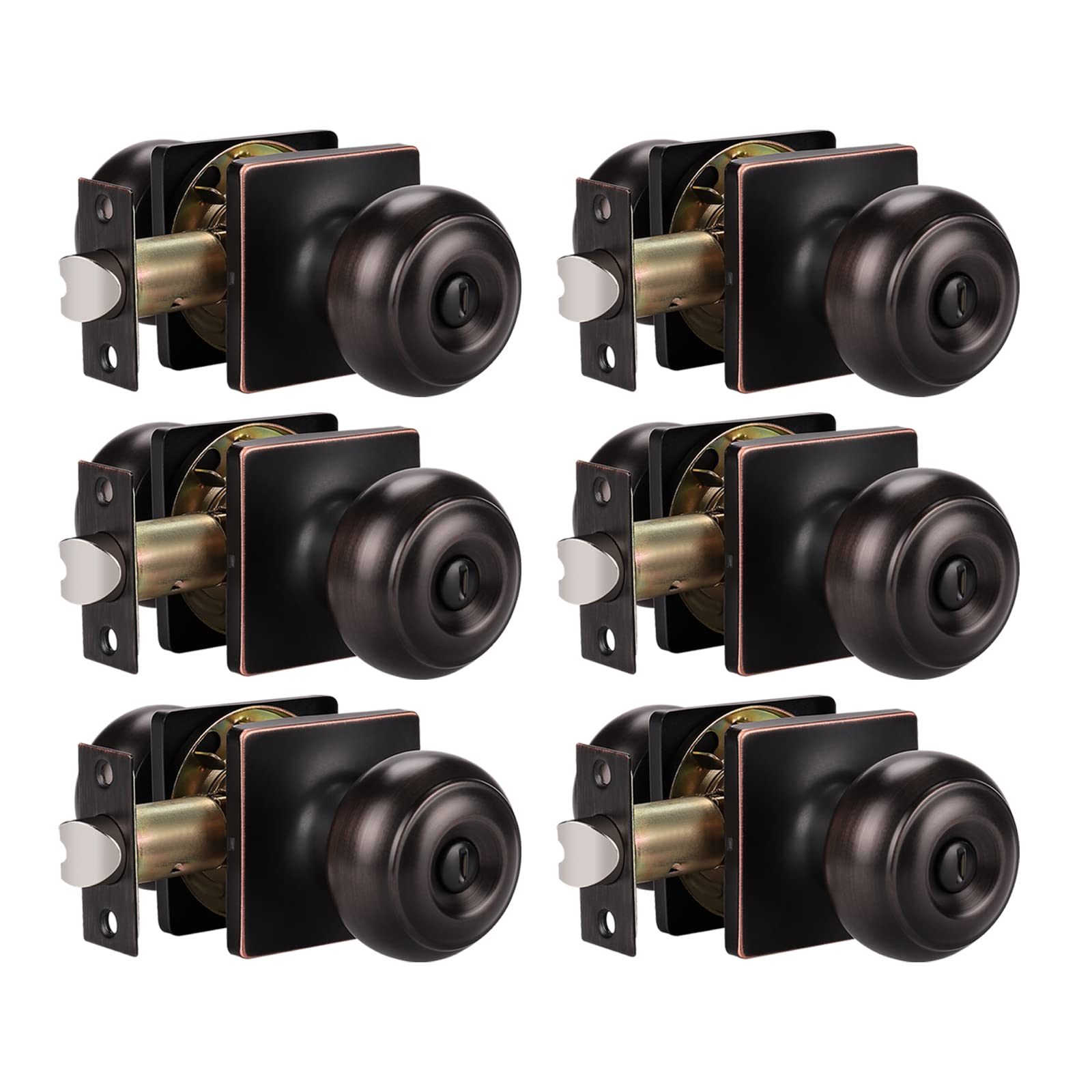 KNOBWELL 6 Pack Bedroom Privacy Door Knobs with Square Rosette - Interior Door Knobs with Lock, Oil Rubbed Bronze Finish - Perfect for Bedrooms, Bathrooms & Home Privacy Doors