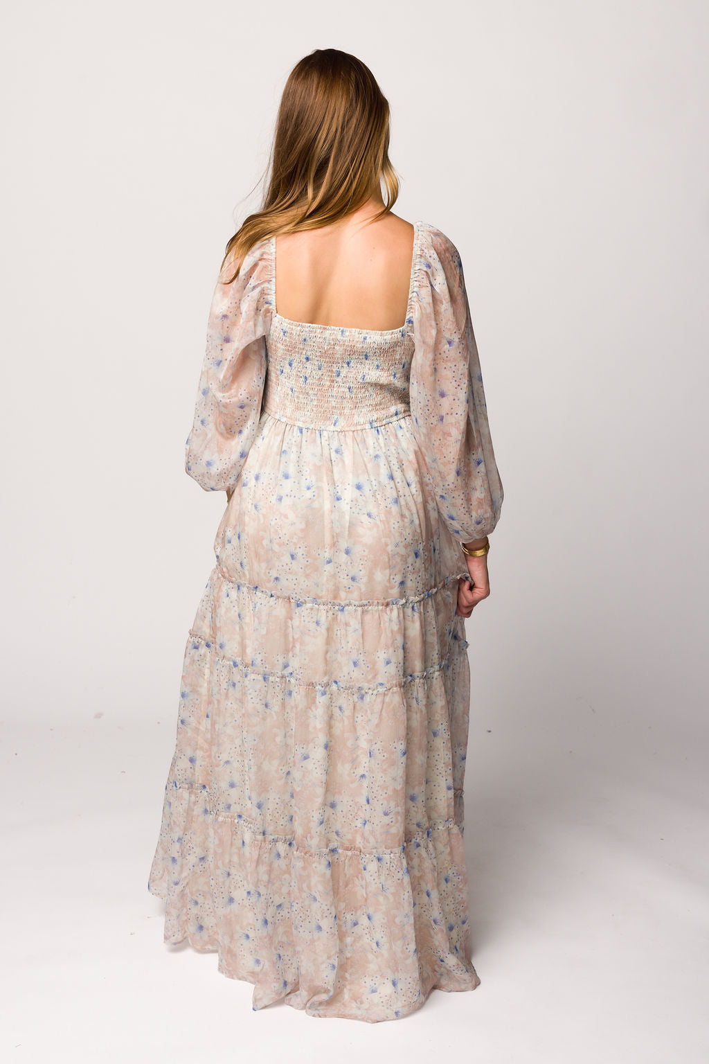 Bump Friendly Daphne Long Sleeve Maxi Dress - Floral Maternity Dress in Beige & Blue, Inclusive Sizing XS to 3XL | Perfect for Pregnancy, Nursing, and Special Occasions