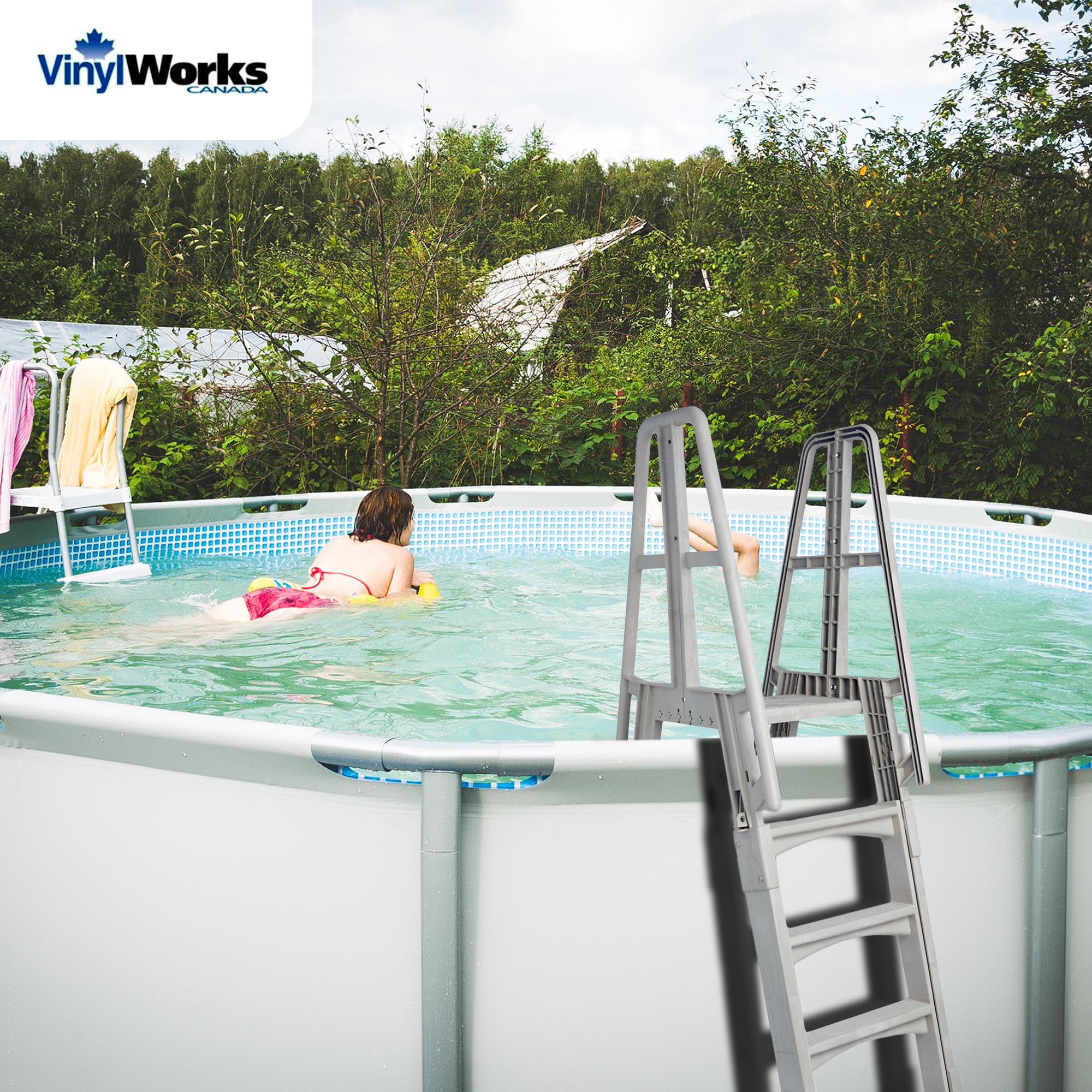 Vinyl Works SLA A-Frame 48-56 Inch Adjustable Above Ground Pool Ladder with Slide Lock Safety Barrier & Handrails - White | Easy Entry/Exit for Inground & Above Ground Swimming Pools | Perfect for Backyard, Family Use & Summer Fun
