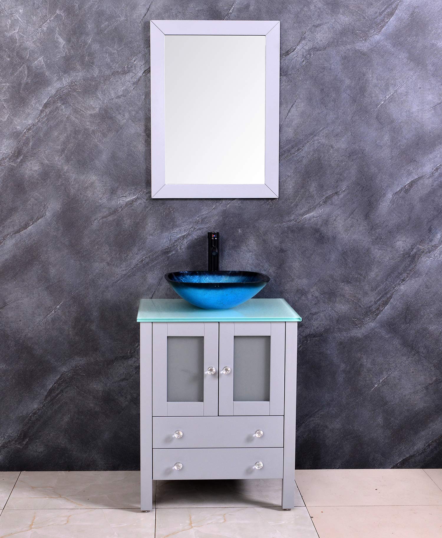 24 Inch Wooden Bathroom Vanity Set with Tempered Glass Top, Blue Vessel Sink, Mirror, Faucet & Drain Included (Grey) - Modern Bathroom Furniture for Small Spaces & Master Bathroom Remodel