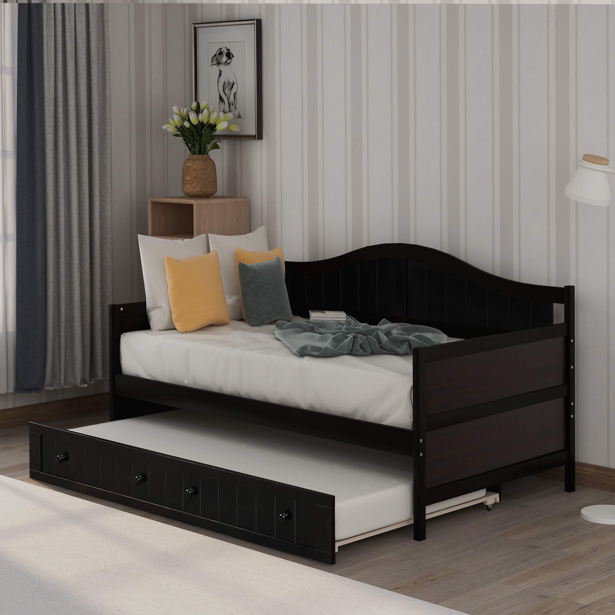 Polibi Twin Wooden Daybed with Trundle - Space-Saving Sofa Bed for Bedroom & Living Room - Espresso Finish
