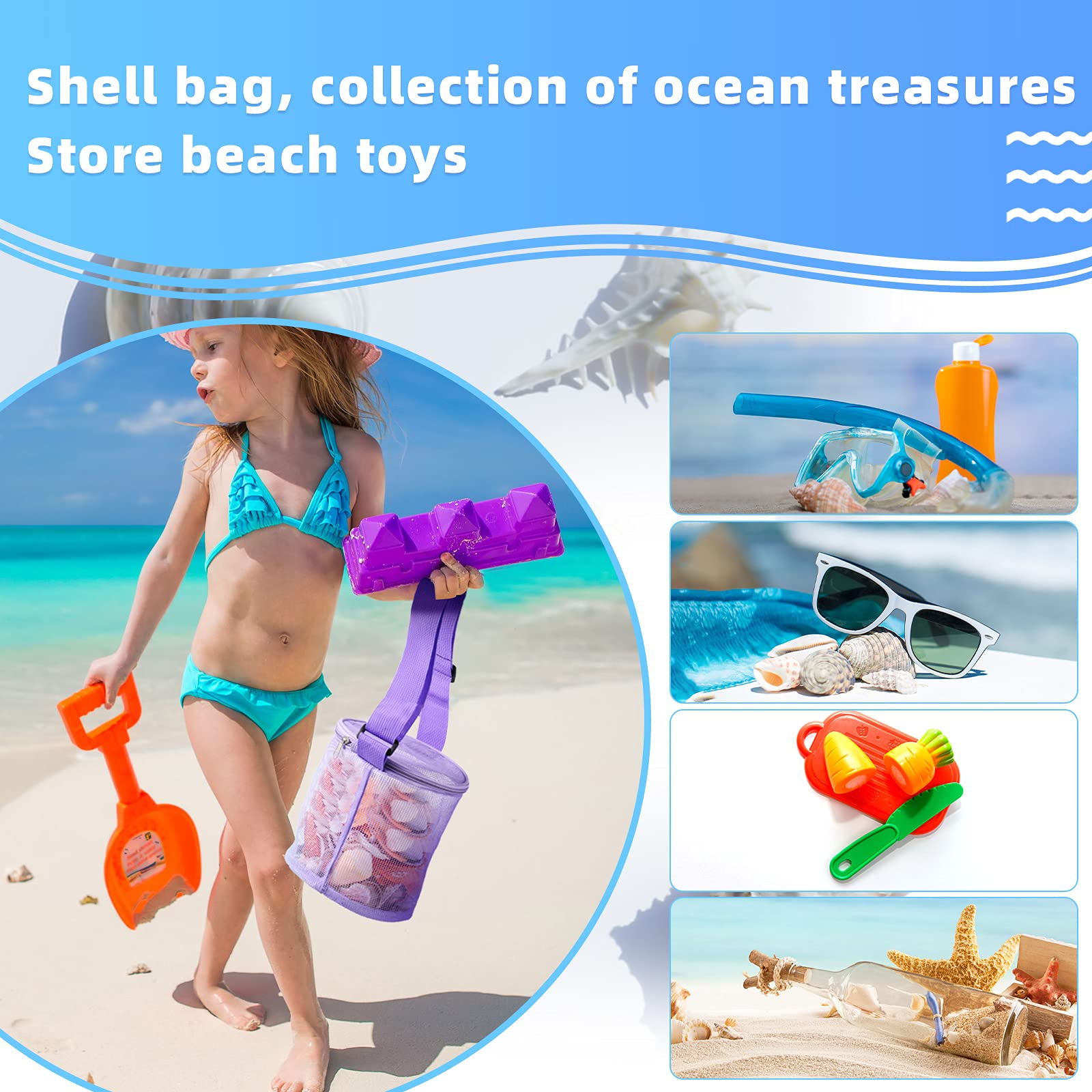 Frienda 4-Piece Large Mesh Beach Tote Bags with Adjustable Straps & Zipper - Cylindrical Storage for Sand Toys, Swim Gear & Summer Essentials - Pink, Blue, Green, Purple for Boys & Girls - Perfect for Beach Trips, Pool Parties & Outdoor Adventures