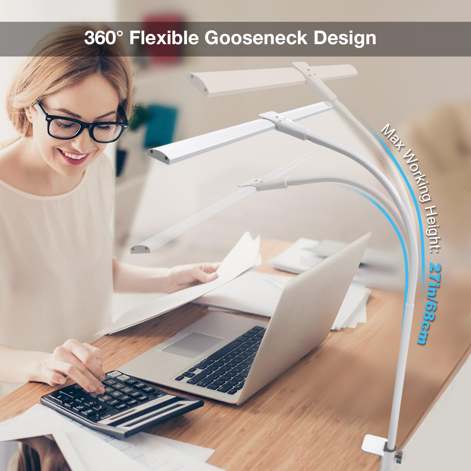 LED Desk Lamp with Double Adjustable Heads - 25 Dimmable Lighting Modes, 12W 1400lm Eye-Caring Architect Lamp for Home Office, Study & Workbench - Perfect for Computer Work, Reading & Nighttime Use (White)