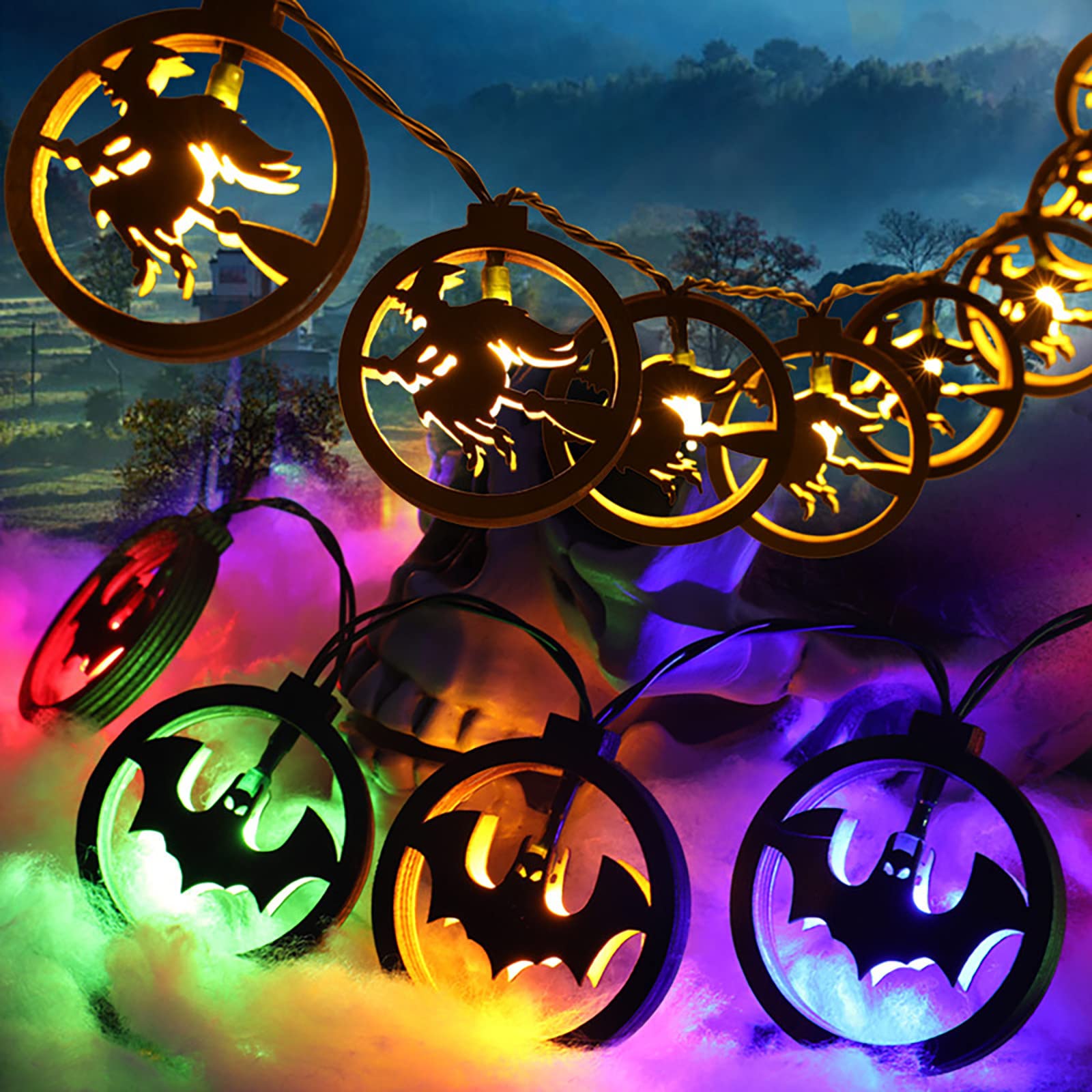 2022 Halloween Hanging Ornaments - 10ft 20 LED Wooden String Lights with 4 Lighting Modes, Battery Operated Halloween Decorations for Home, Garden, Party Indoor & Outdoor - Perfect for Halloween Party Decor, Porch Lighting, and Spooky Yard Displays