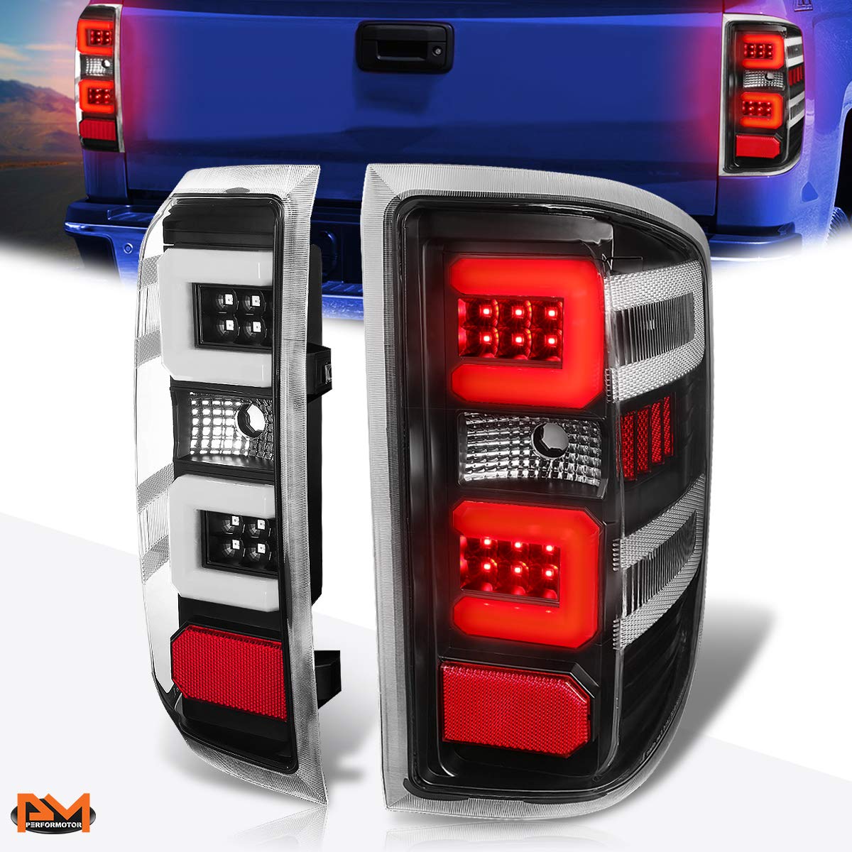 PM PERFORMOTOR 3D LED Tail Lights Brake Lamps Assembly for 2014-2019 Chevy Silverado & GMC Sierra - Black Housing with Clear Lens - Enhanced Visibility & Style for Night Driving & Custom Truck Upgrades