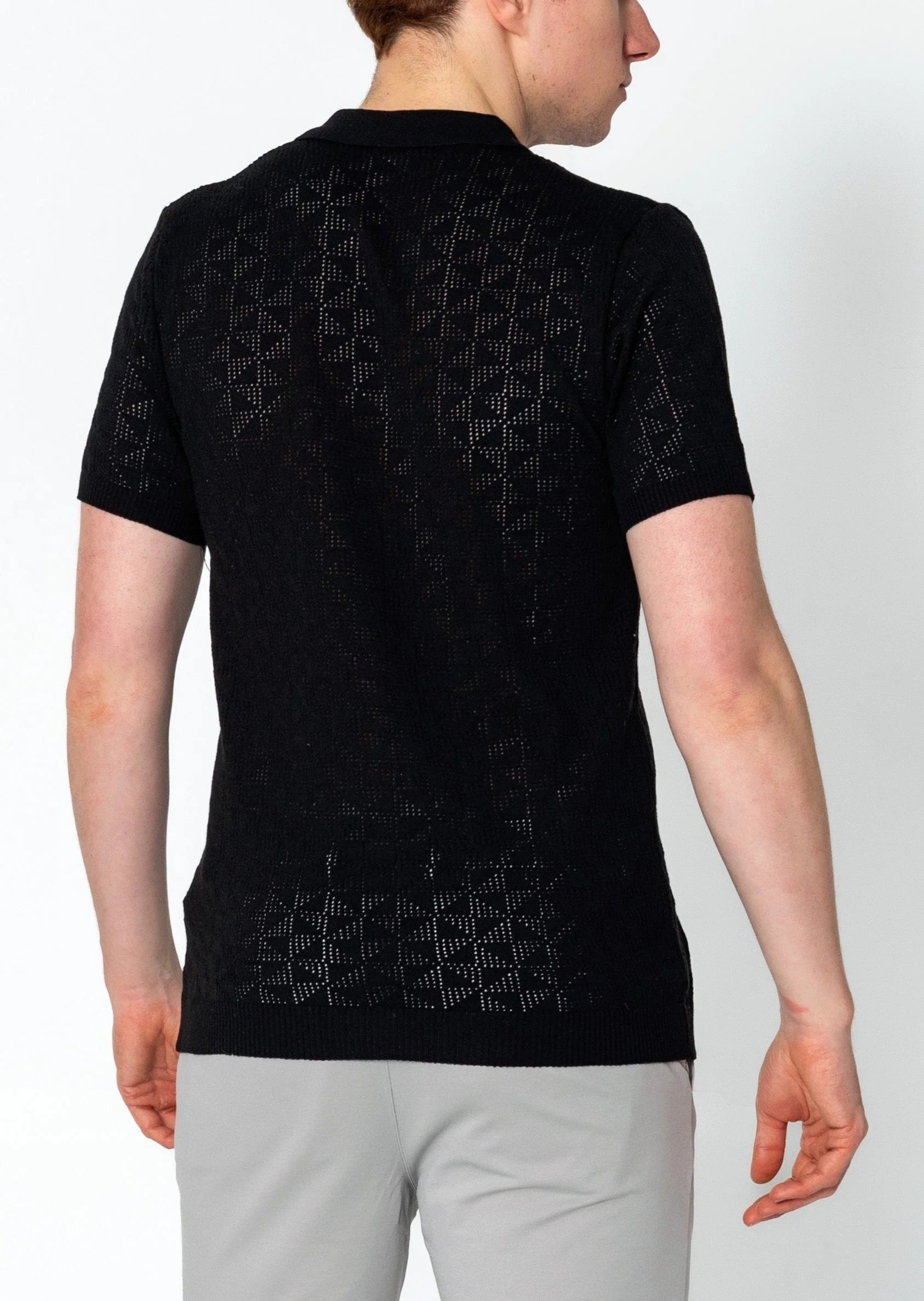 Geometric Crochet Polo Shirt for Men - Trendy Black Cotton Knit Top with Unique Design | Perfect for Casual Outings, Beach Vacations & Summer Fashion
