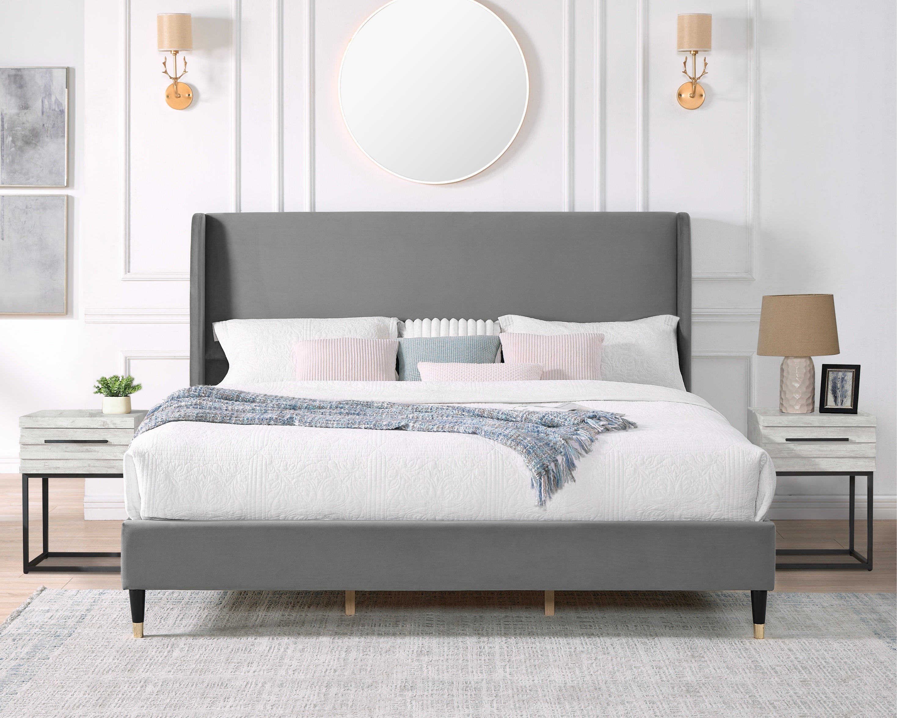 Roundhill Furniture Arles 3-Piece Upholstered Bedroom Set - Wingback Platform Bed with 2 Nightstands for Master Bedroom, Guest Room & Apartment Decor