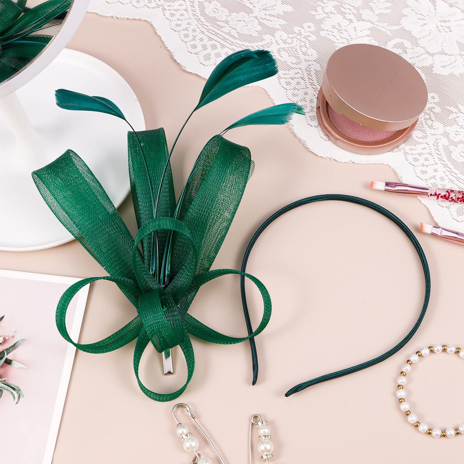 Elegant Dacitiery Women's Feather Alice Band Fascinator Hair Clip - Mesh Flower & Feather Headband for Weddings, Tea Parties, Races, Ascot & Cocktail Events (Green) | Perfect for Bridal, Prom & Formal Occasions