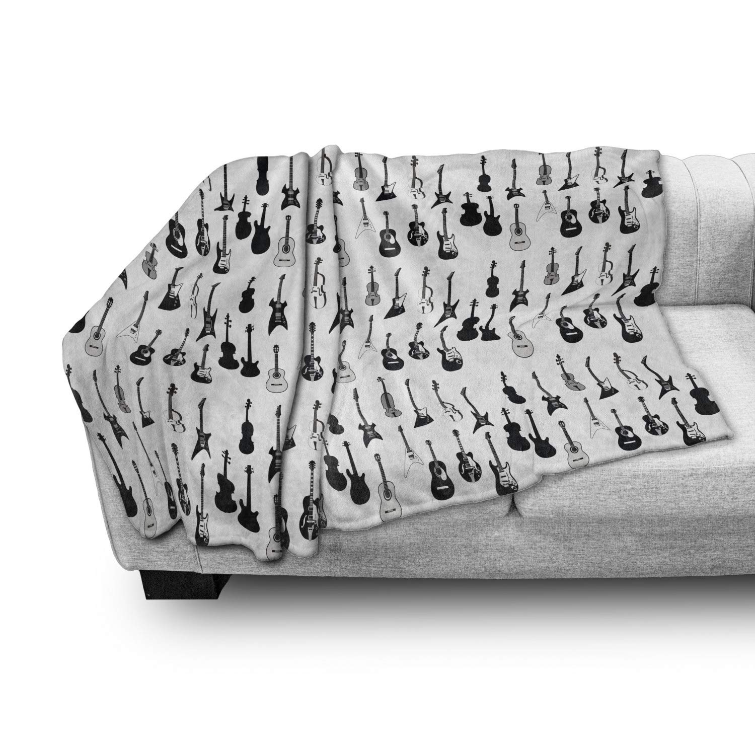 Ambesonne Music Themed Throw Blanket - Monochrome Acoustic & Electric Guitar, Cello, Violin Design - Soft Flannel Fleece Blanket for Couch, Bed, Sofa - 50