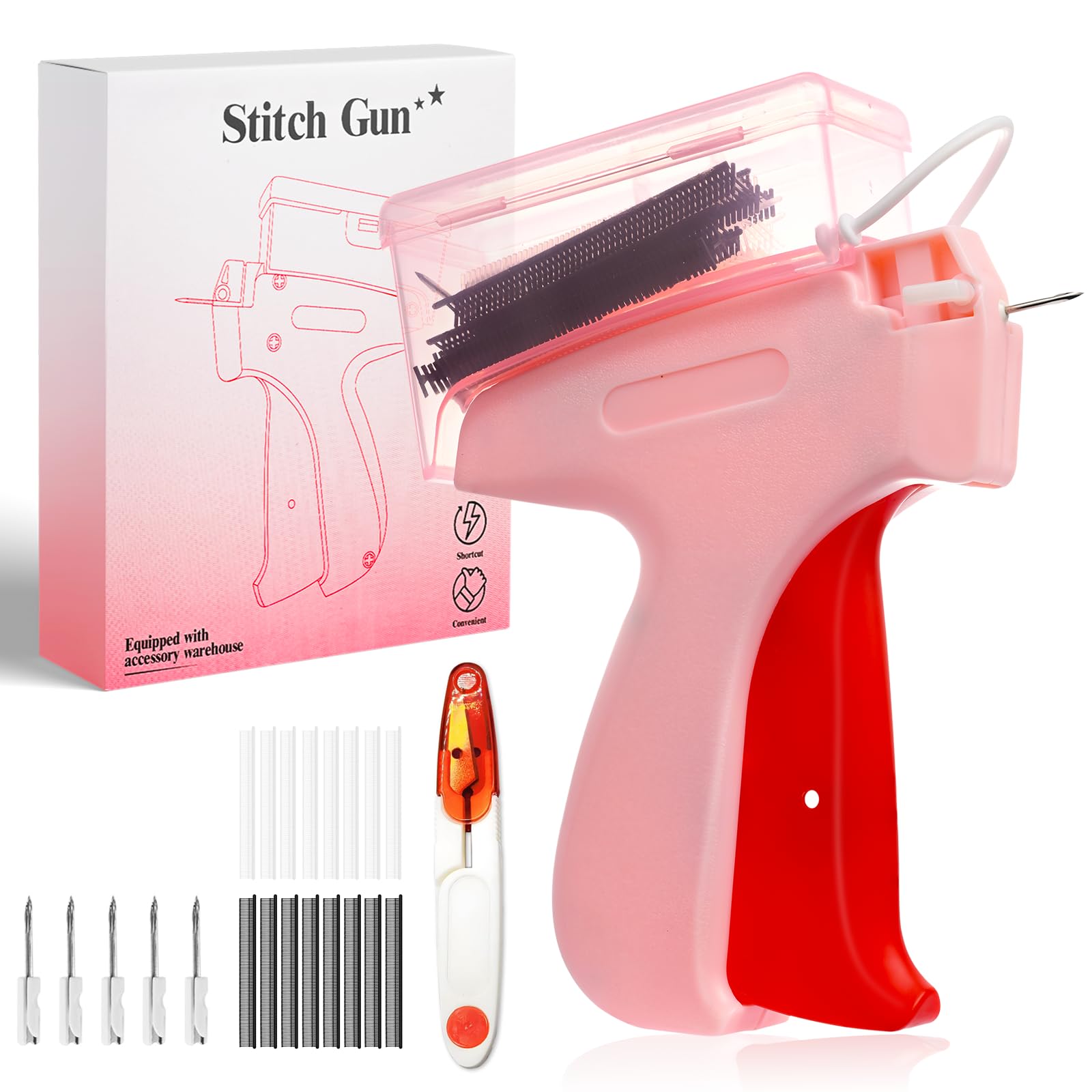 Stitch Gun for Clothes - Handheld Quick Clothing Fixer with Storage Box - Micro Tagging Gun & Sewing Kit - Includes 6 Ultra-Fine 0.04