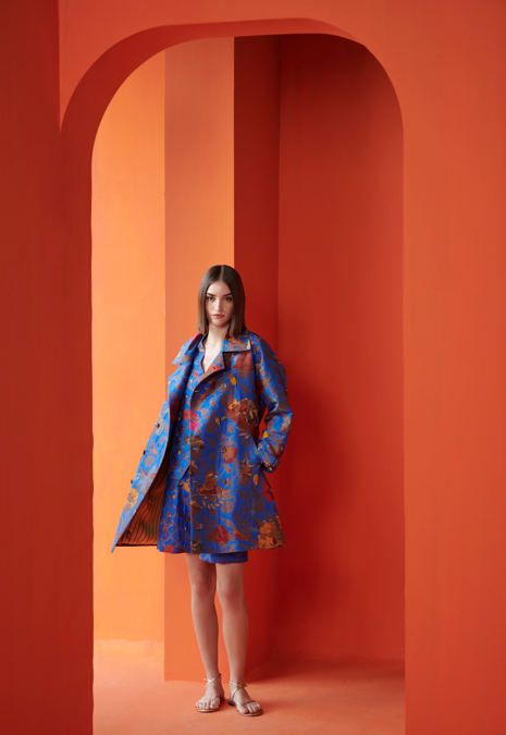 Elegant Cobalt Blue Silk Brocade Trench Coat - Vintage Inspired Women's Outerwear for Formal Events & Evening Occasions