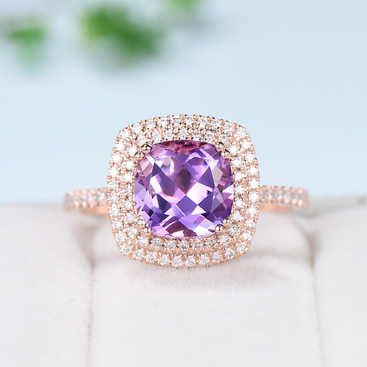 Amethyst Diamond Wedding Ring Set in Rose Gold - Vintage Double Halo Engagement Ring for Women, Anniversary Gift - Perfect for Bridal Jewelry, Wedding Bands & Special Occasions