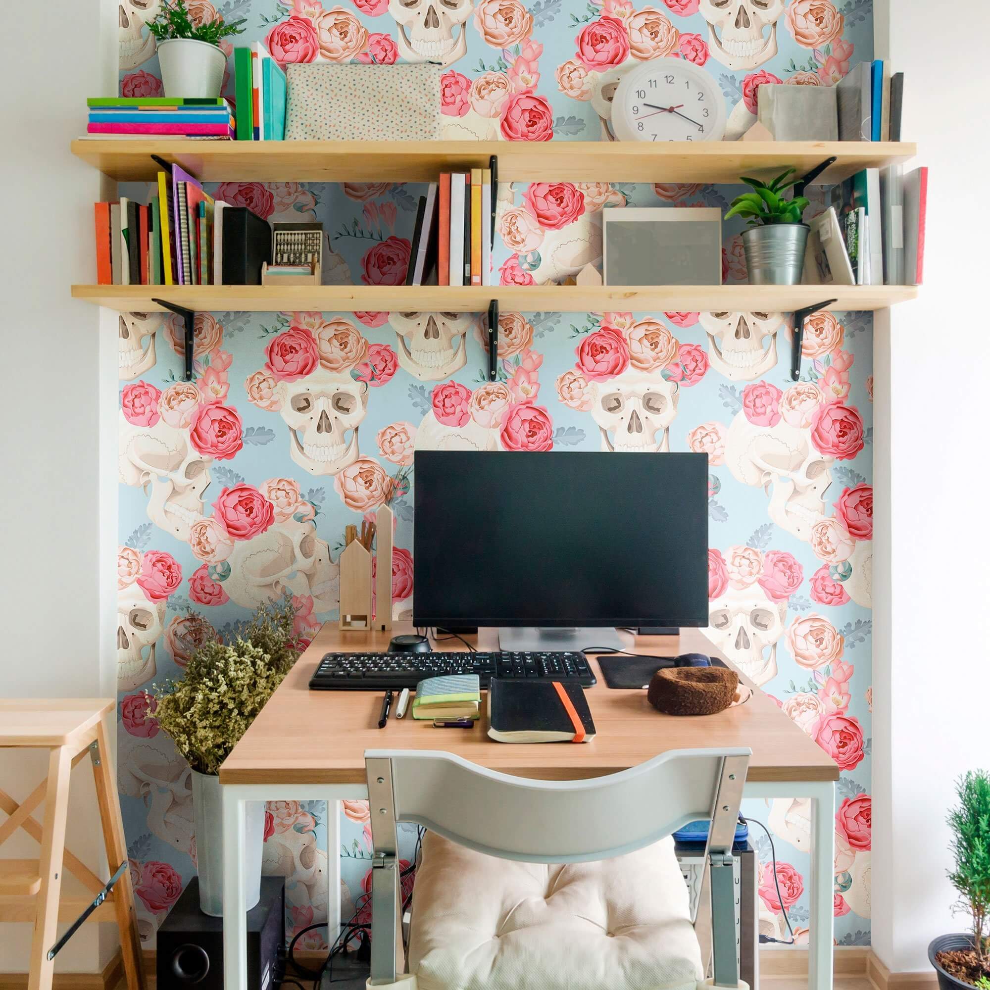 Blue and Red Skulls Themed Peel and Stick Removable Wallpaper 7608 - Self-Adhesive Decorative Wall Covering for Bedroom, Living Room, and Office Decor