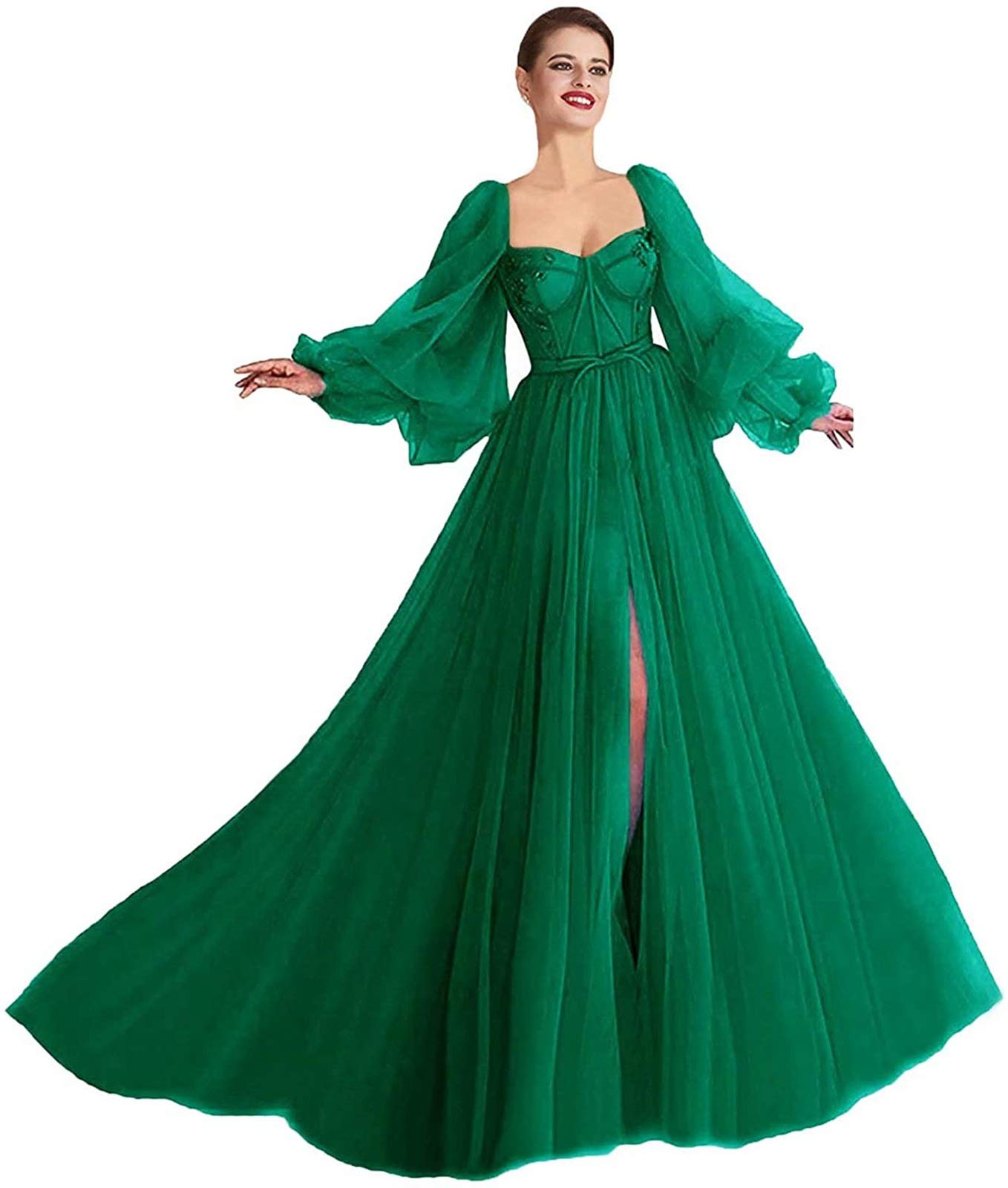 Elegant Women's Long Puffy Sleeve Prom Dress with Split & Pleated Tulle - Formal Evening Ball Gown for Homecoming, Wedding, Party & Special Occasions