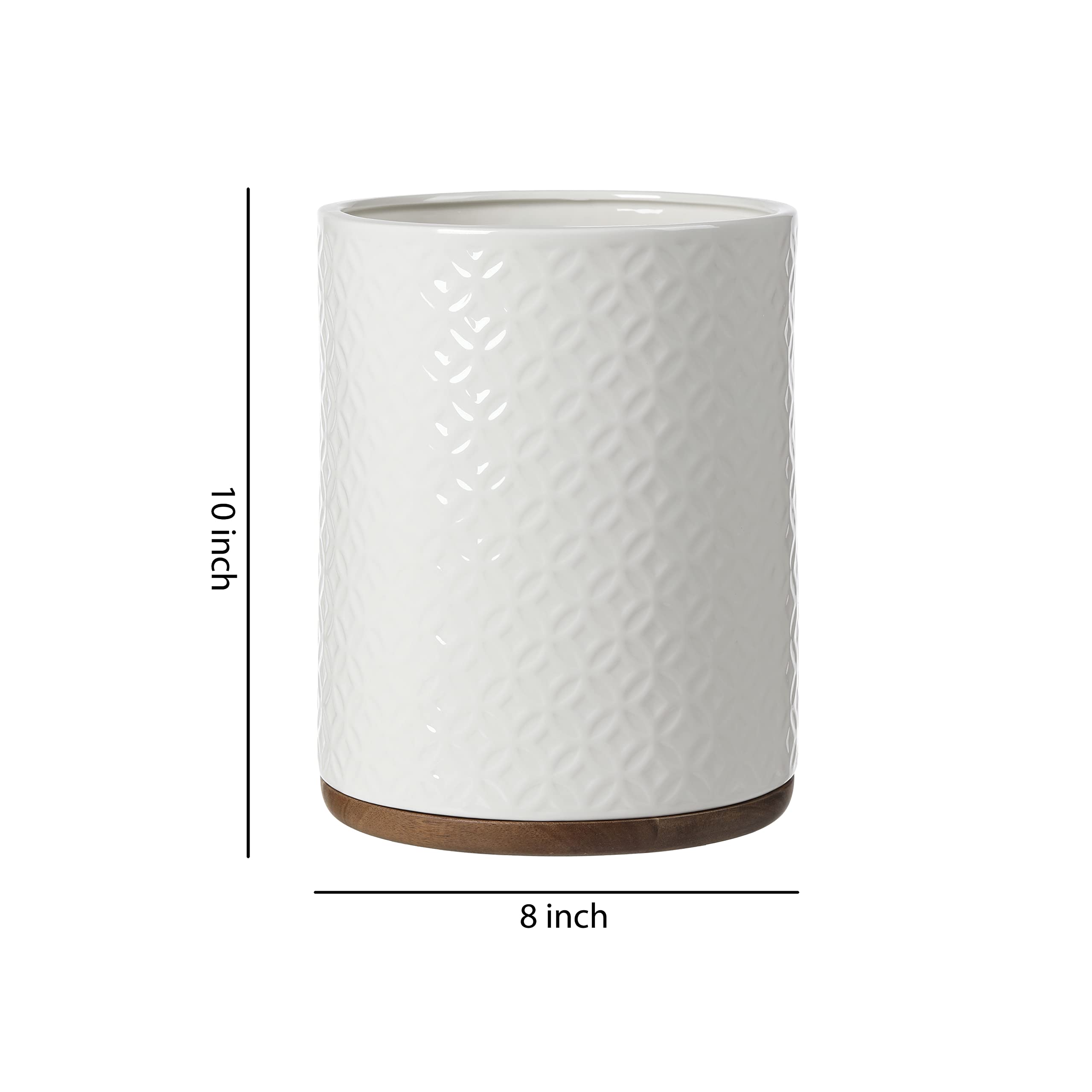 Elegant Ceramic Bathroom Trash Can with Wooden Base - White & Beige Decorative Waste Bin for Bathroom, Bedroom, or Office - Perfect for Home Décor and Organization