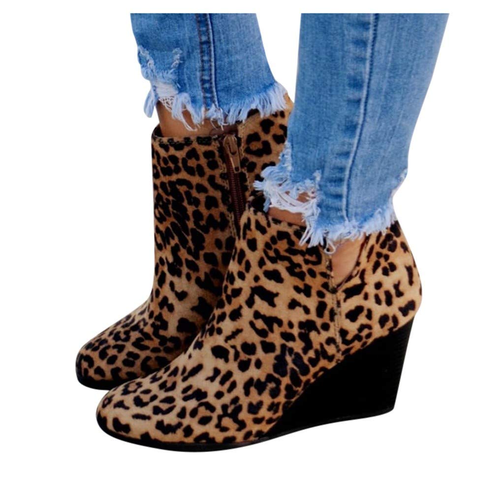 Women's Leopard Print Ankle Boots - Pointed Toe Chunky Heel Booties with Side Zipper & V-Cut Design, Suede Wedge Boots for Casual Outfits, Office Wear & Night Out