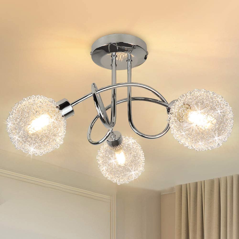 Depuley Modern 3-Light Semi Flush Mount Ceiling Light Fixture - Small Sputnik Chandelier with Globe Wire Shade - Elegant Lighting for Bedroom, Kitchen, Hallway, Entryway & Dining Room - Perfect for Home, Office & Commercial Spaces