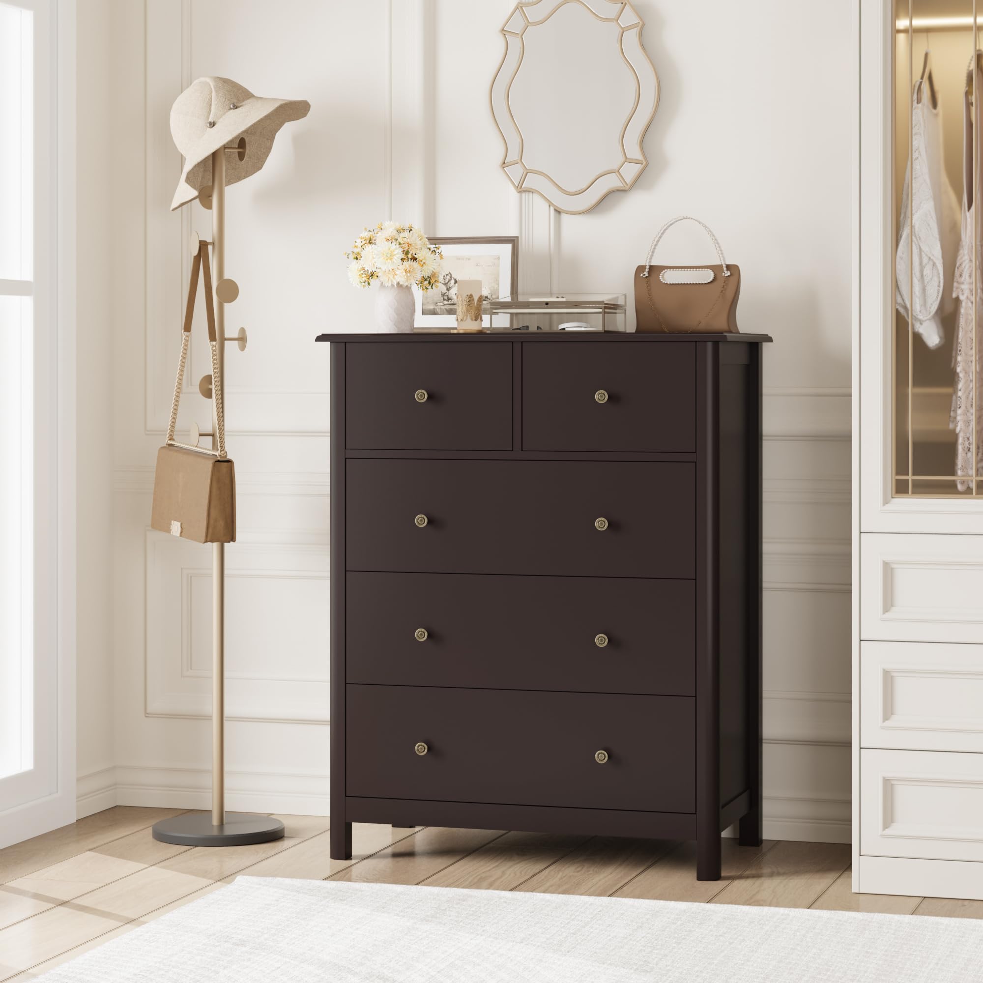 5-Drawer Tall Dresser - Deep Storage Wood Cabinet for Bedroom & Office