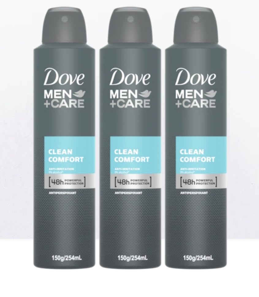 DOVE Men's Deodorant Spray - Clean Comfort Antiperspirant with 48-Hour Odor Protection, Alcohol-Free, 8.5oz (254ml) - 3 Pack for Gym, Work & Daily Freshness