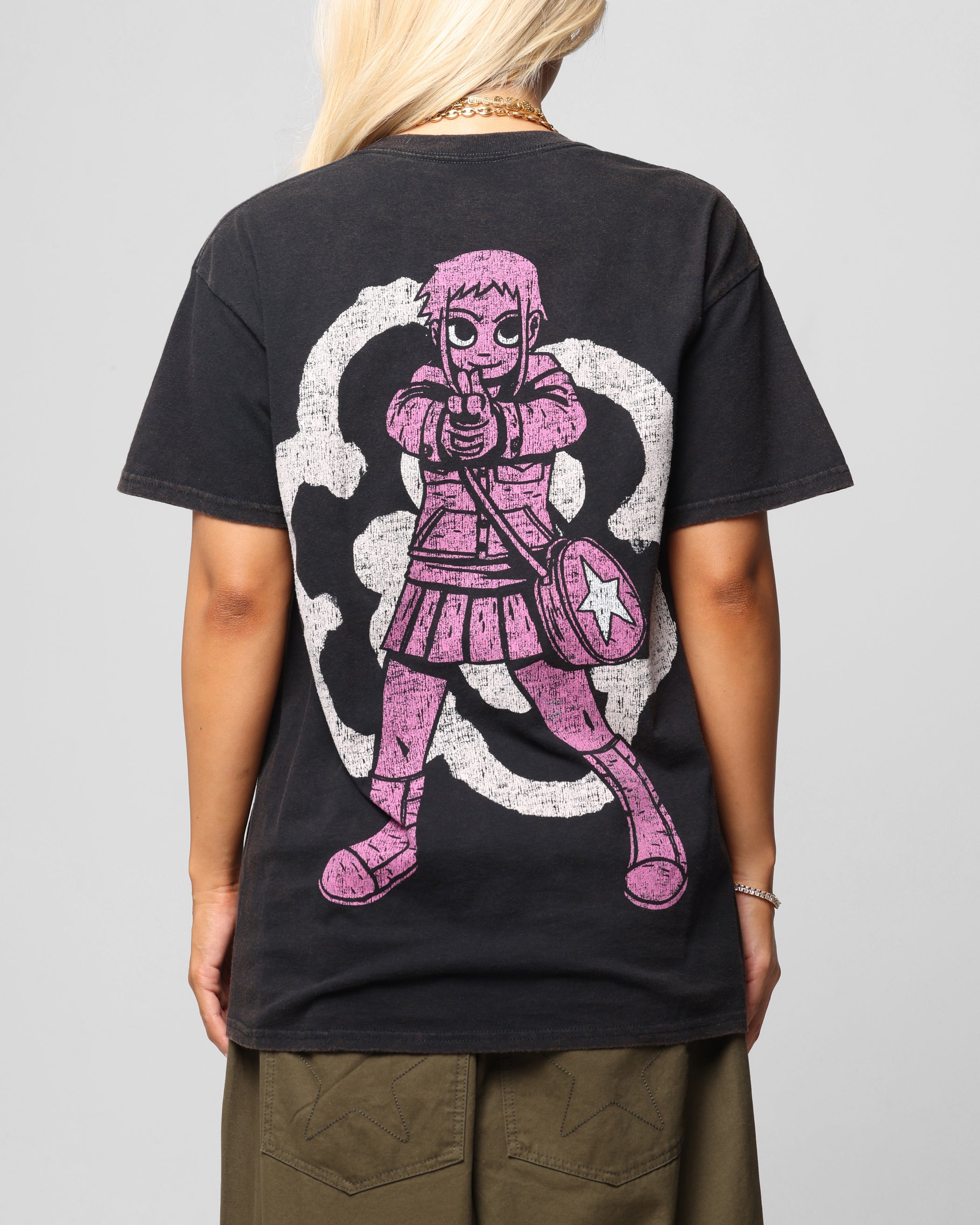 Vintage American Thrift Scott Pilgrim Ramona Flowers Graphic T-Shirt - Black Washed Cotton Tee for Casual Wear, Cosplay & Pop Culture Fans