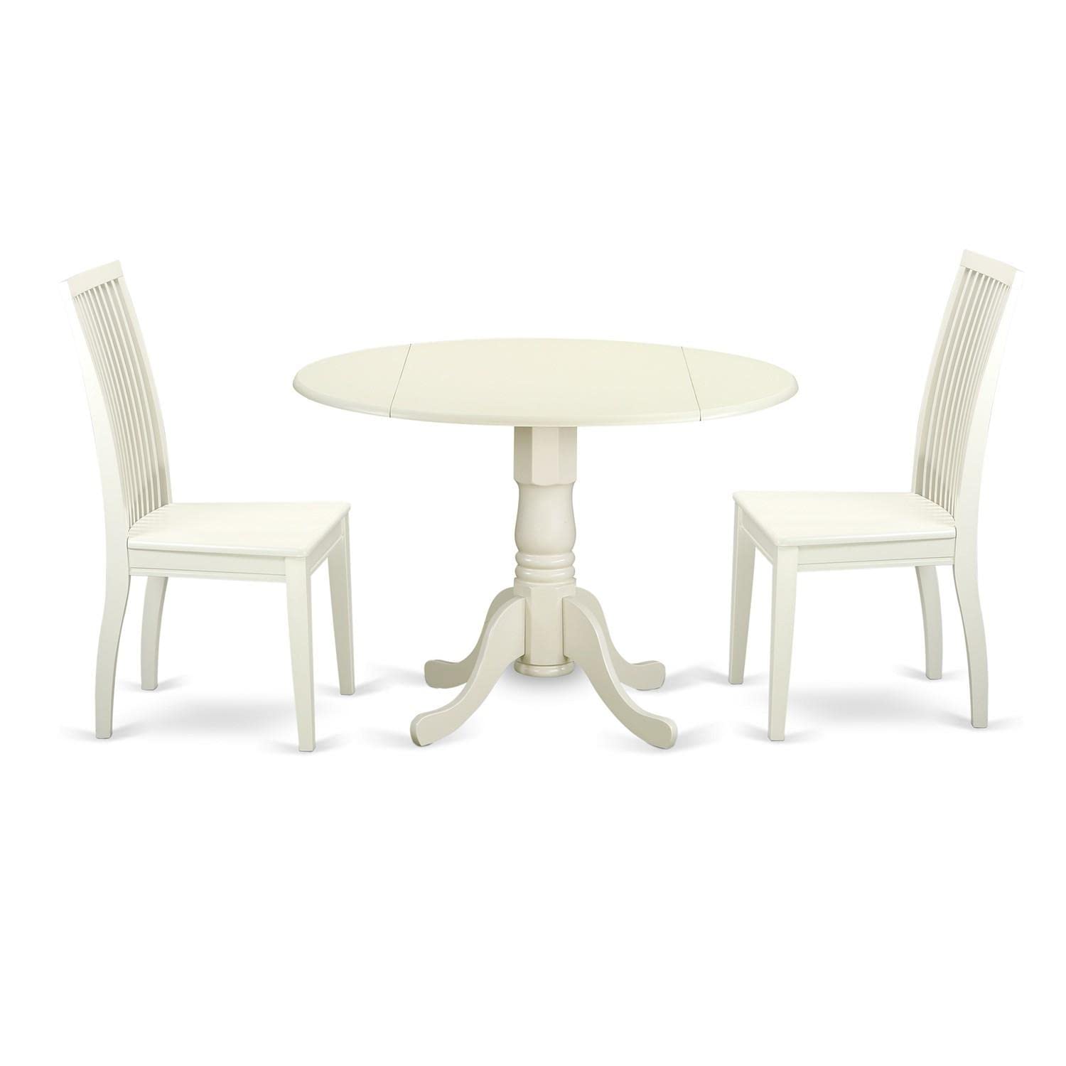 East West Furniture DLIP3-LWH-W 3-Piece Small Space Kitchen Table Set with Round Drop-Leaf Dining Table & 2 Chairs, 42x42 Inch, Linen White - Perfect for Apartments, Breakfast Nooks & Cozy Dining Areas