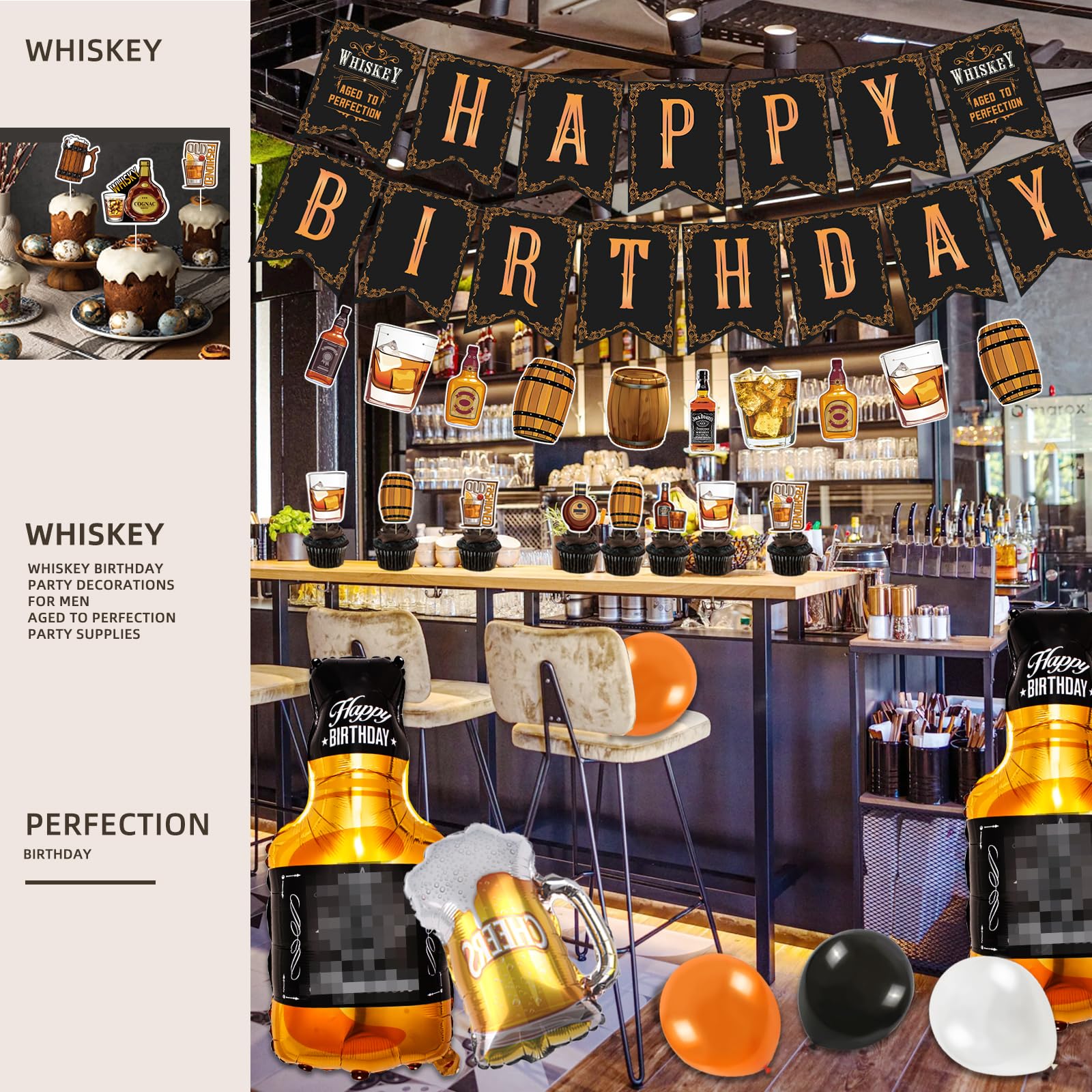 Whiskey Birthday Party Decorations for Men - Aged to Perfection Party Supplies Set with Banner, Garland, Tablecloth, Cake Toppers & Foil Balloons - Perfect for Dad's Whiskey Themed Celebration, 50th Birthday Party or Bourbon Lover's Event