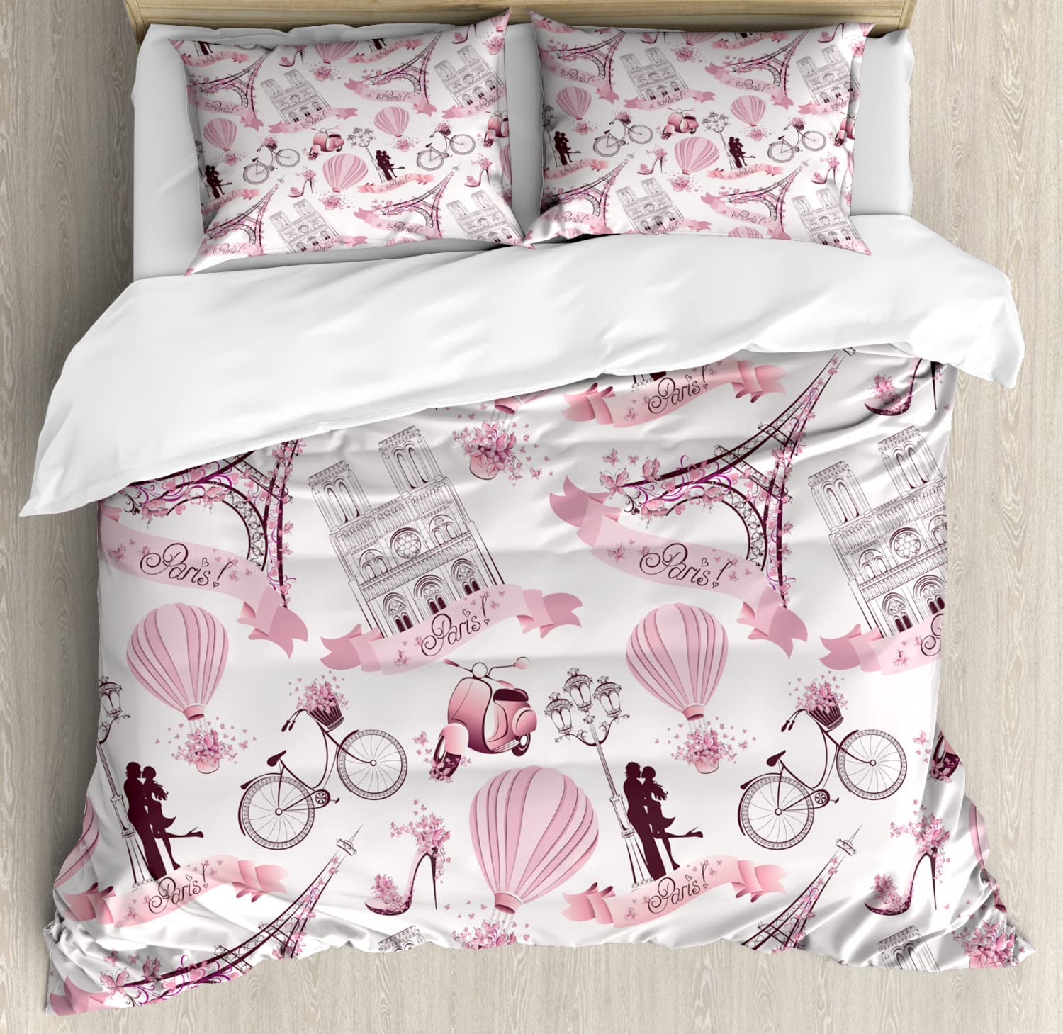 Ambesonne Paris Themed Duvet Cover Set - Eiffel Tower, Hot Air Balloon & Romantic Flowers Design, 2-Piece King Size Bedding Set with 4 Pillowcases in Pale Pink & White | Perfect for Honeymoon Decor, Travel Enthusiasts & Paris-Themed Bedrooms