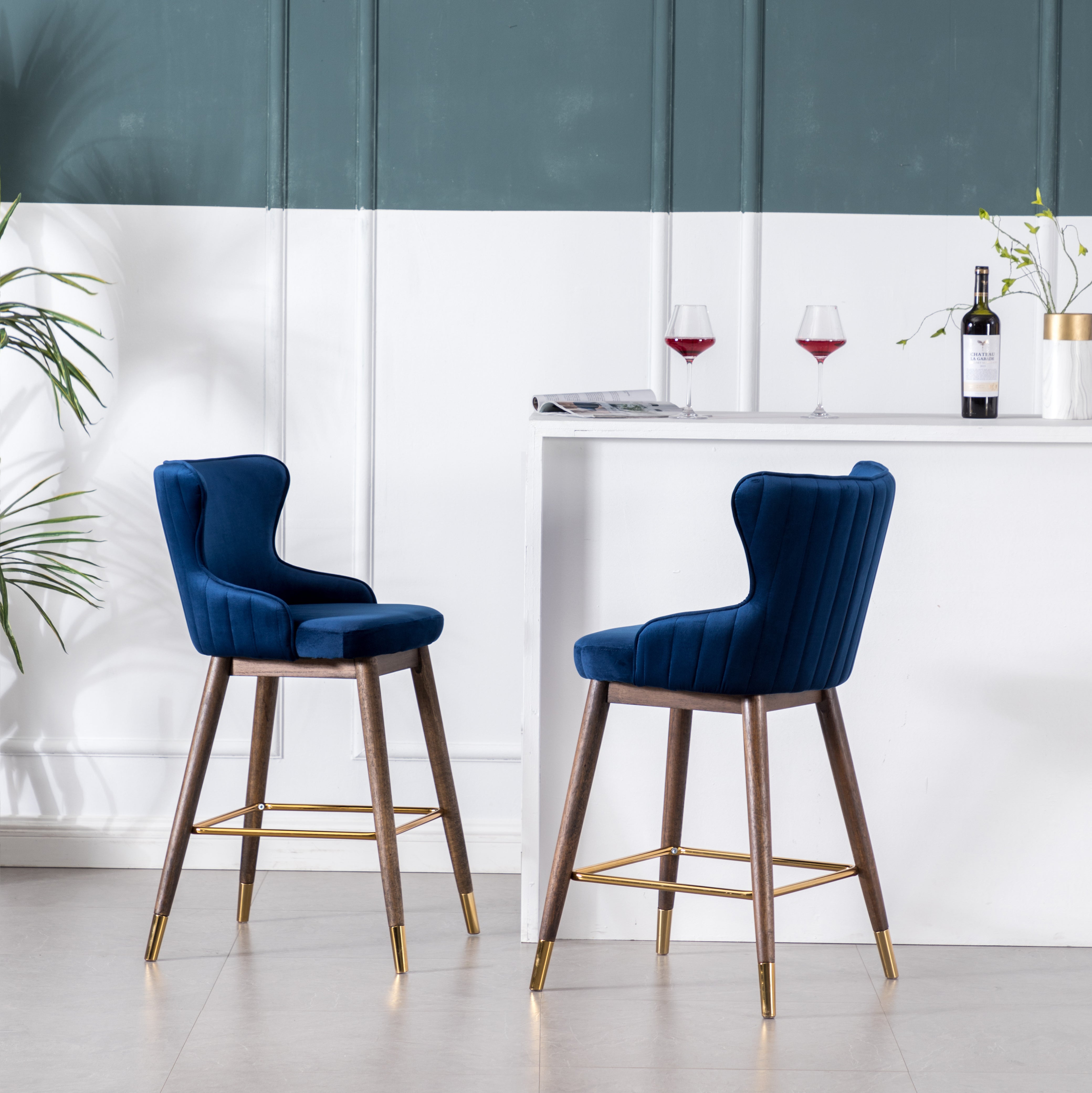 Roundhill Furniture Leland Fabric Upholstered Counter Height Wingback Bar Stools, Blue, Set of 2 - Perfect for Kitchen Islands, Breakfast Nooks & Home Bars