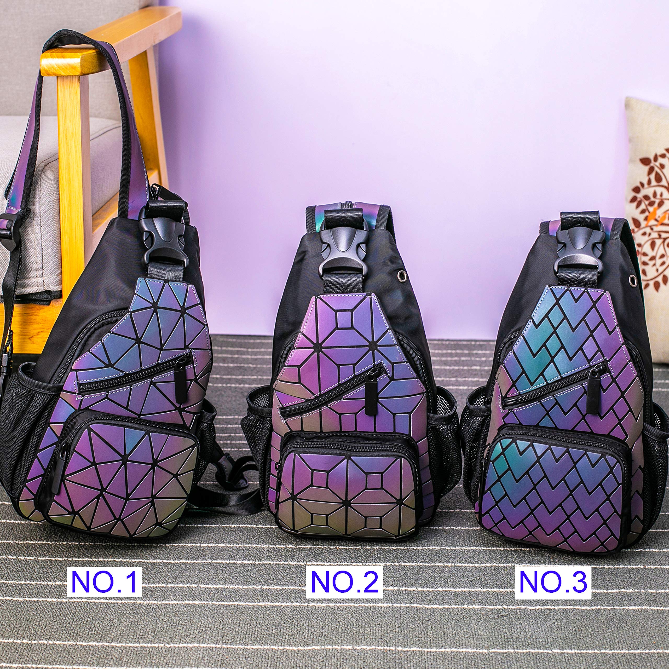 Lorran Geometric Holographic Luminous Backpack - Waterproof Messenger Bag with Multiple Pockets for School, Travel & Outdoor Adventures | Stylish Unisex Shoulder Crossbody Chest Bag