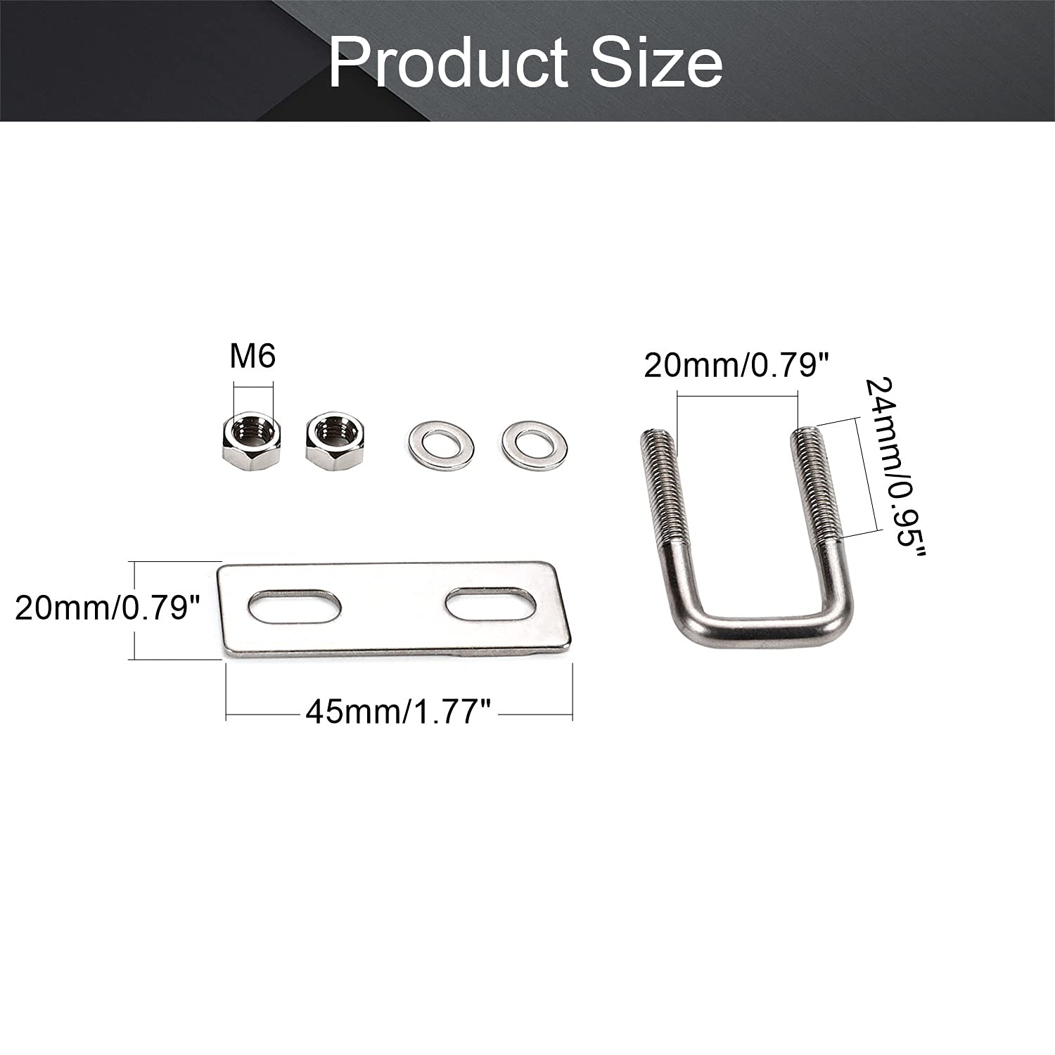 304 Stainless Steel M6 Thread Silver Square Bend U Bolts with Nuts, Washers & Frame Plate - 0.79