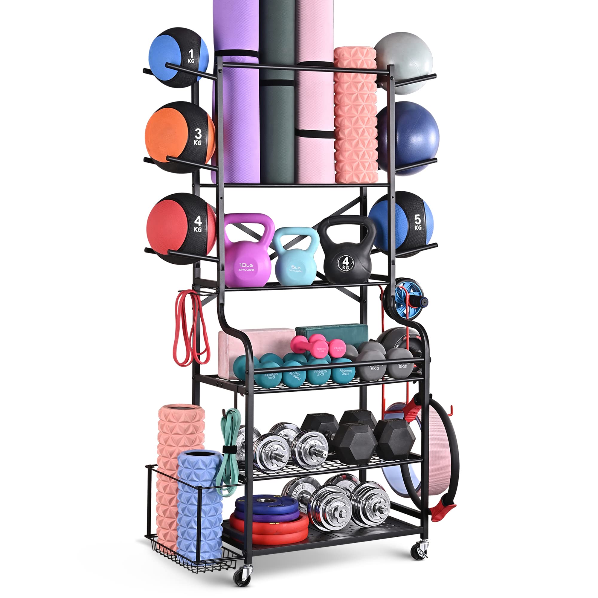 Mythinglogic Yoga Mat Storage Rack - Home Gym Organizer for Dumbbells, Kettlebells, Foam Rollers, Yoga Straps & Resistance Bands - Workout Equipment Storage with Hooks & Wheels - Perfect for Home Gym, Yoga Studio & Fitness Room Organization