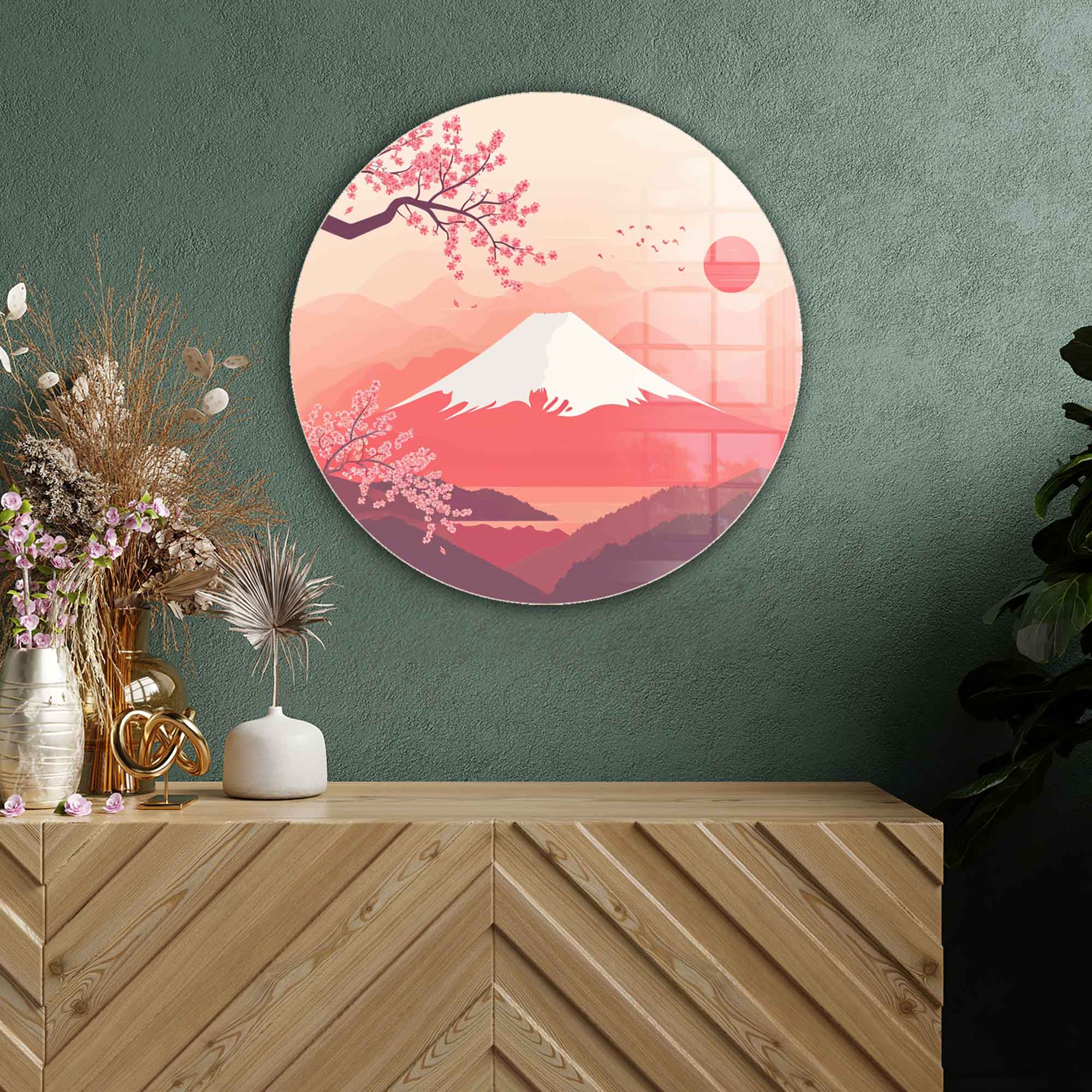 Sakura Peaks Rounded Glass Wall Art - Elegant Floral Decor for Living Room, Bedroom & Office - Perfect for Home & Office Decor