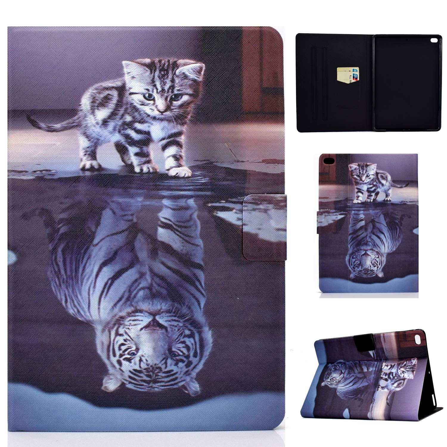 Premium PU Leather iPad Case for 9.7-inch iPad 6th/5th Gen (2017/2018) & iPad Air 2/Air 1 - Auto Wake/Sleep Flip Cover with Card Holder & Stand Function - Perfect for Work, Travel and Daily Use (Cat & Tiger Design)