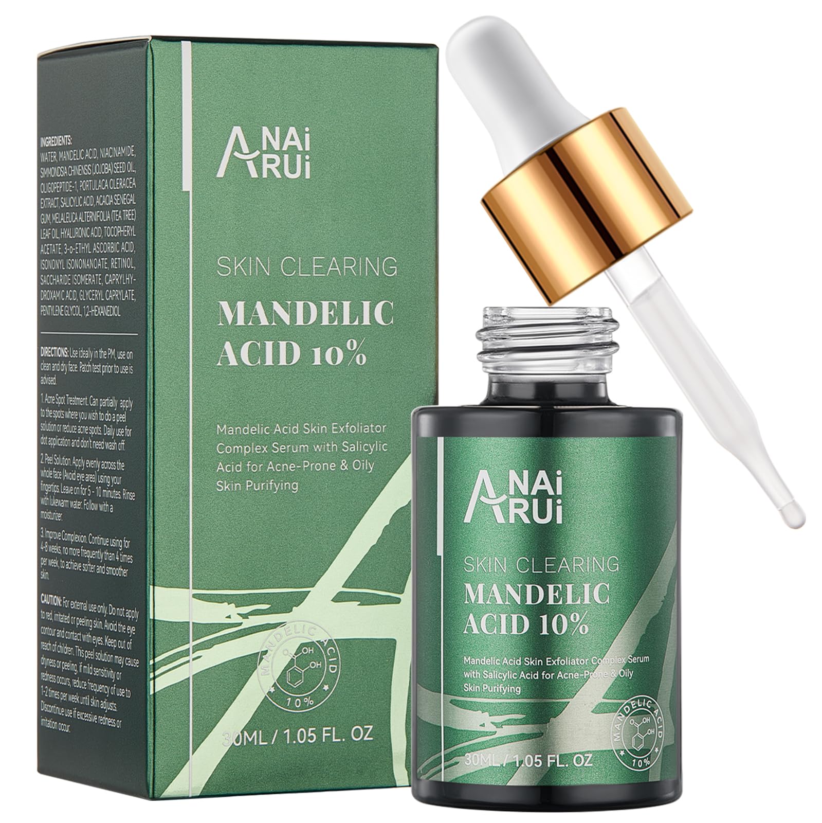 ANAiRUi 2% Salicylic Acid & 10% Mandelic Acid Exfoliating Serum - AHA BHA Peel Solution for Dark Spots, Blackheads, Large Pores, Wrinkles & Fine Lines - 30ml | Brightening Facial Treatment for Acne-Prone & Aging Skin | Day & Night Skincare Routine