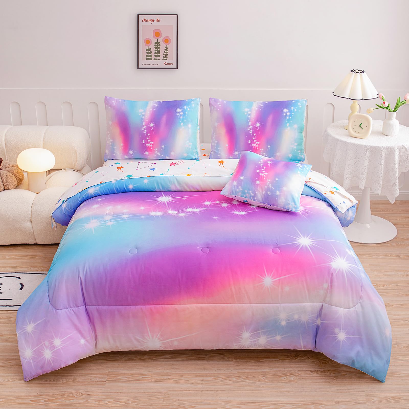 **Glitter Galaxy Full Size Bedding Set for Girls – 6-Piece Bed in a Bag with Sheets & Comforter | Kids' Room Decor, Sleepover Essentials & Cozy Bedroom Upgrade**