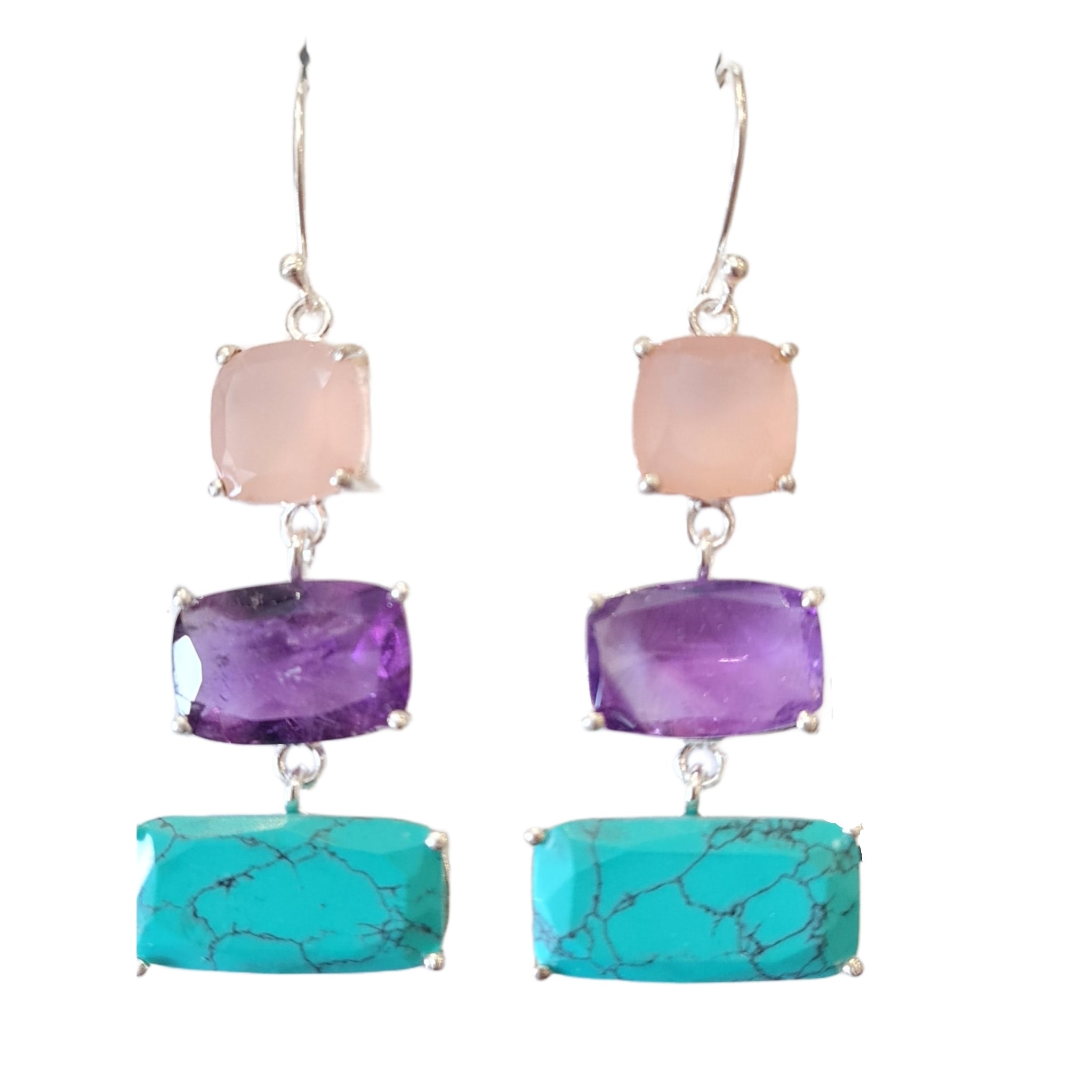 Pink Chalcedony Amethyst Turquoise Drop Earrings for Women - Handmade Boho Dangle Jewelry for Party, Wedding & Everyday Wear